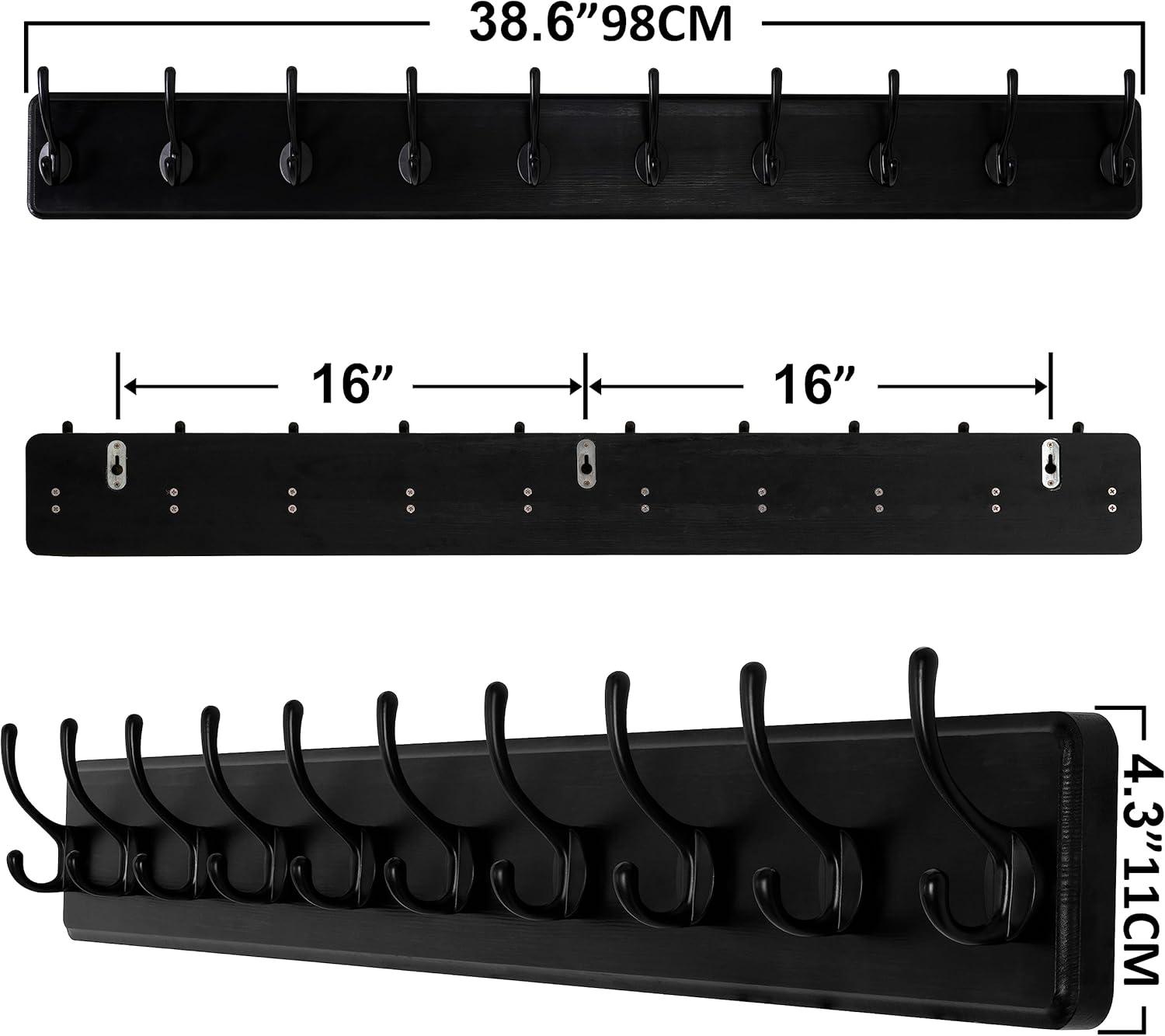 Large Black Pine Wood Wall Mounted Coat Rack with 10 Hooks