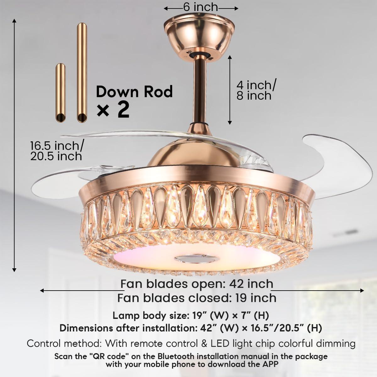 HOOMEDELIER 42" Chandelier Ceiling Fan with Remote, Crystal Beads Framed Fan with 4 Retractable Blades Smart Indoor Fandelier Fan