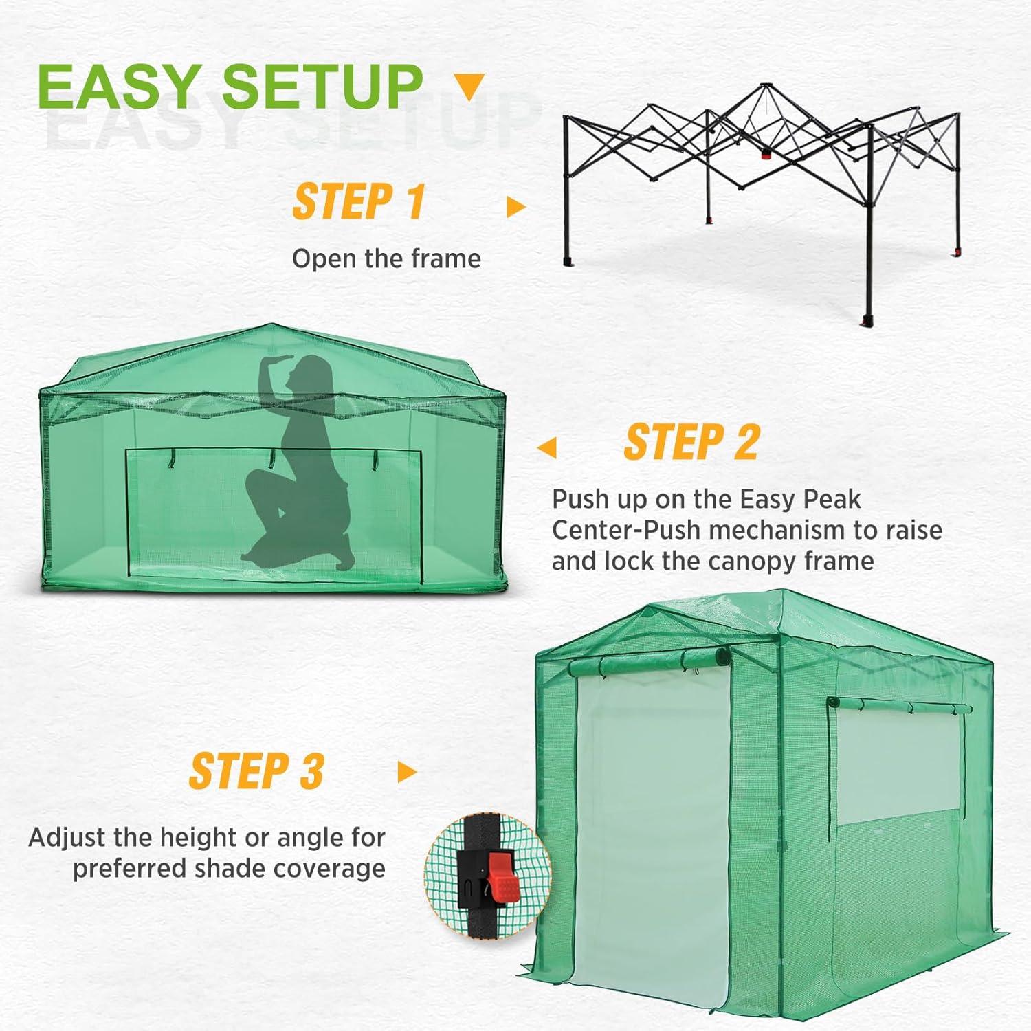 EAGLE PEAK 8x6 Portable Walk-in Greenhouse Instant Pop-up Indoor Outdoor Plant Gardening Green House Canopy with Dual Roll-up Zipper PE Door & Upgraded Screen Mesh Door, Green