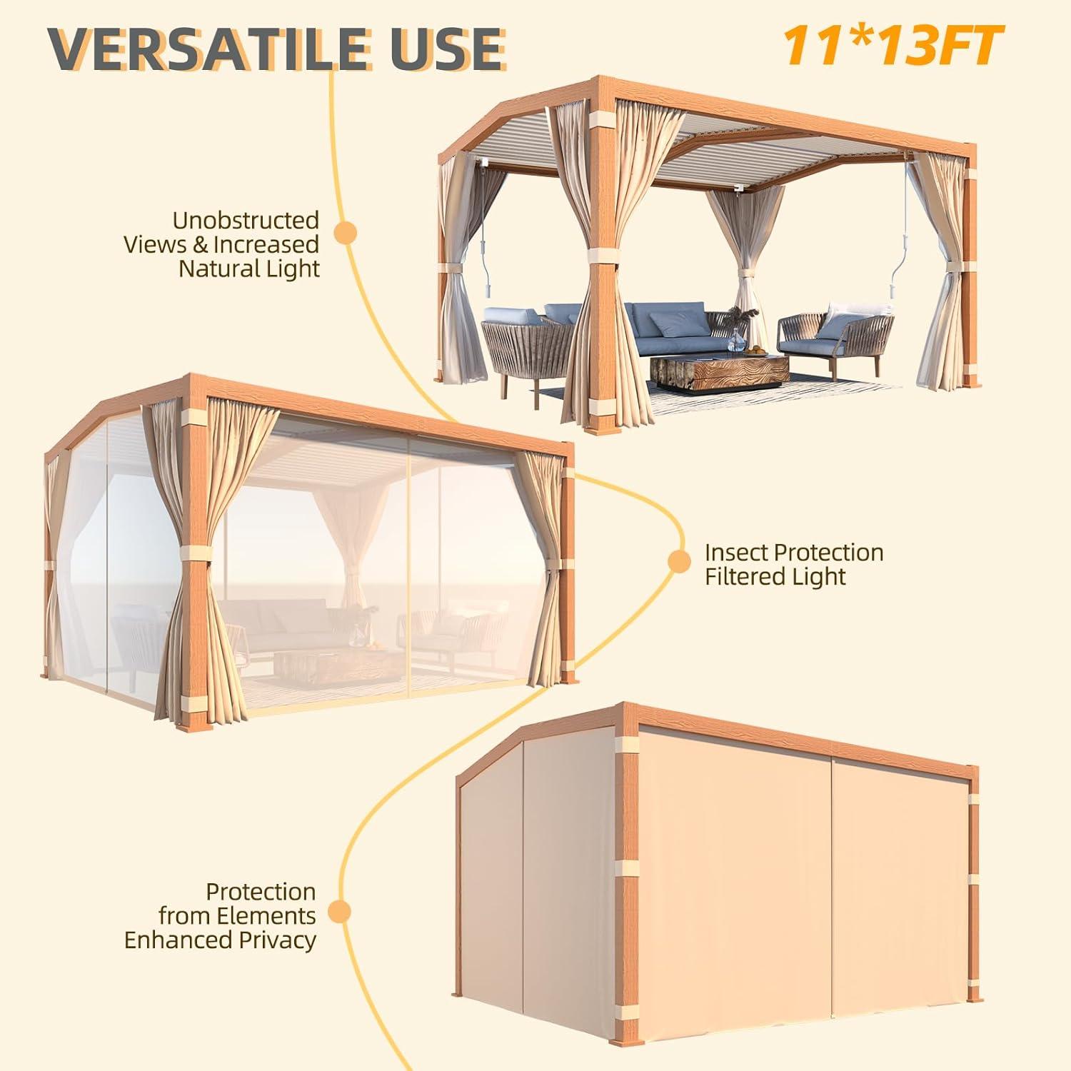 Wood Grain Aluminum Pergola with Adjustable Louvered Roof and Curtains