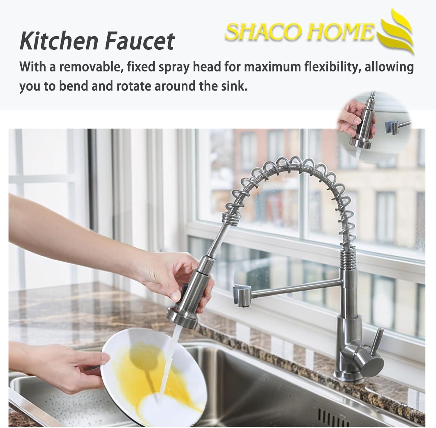 SHACO Kitchen Faucet, Stainless Steel Kitchen Faucet with Pull Down Sprayer, Commercial Single Handle Spring Faucet for Farmhouse Camper Laundry Utility RV Wet Bar Sink Brushed Nickel