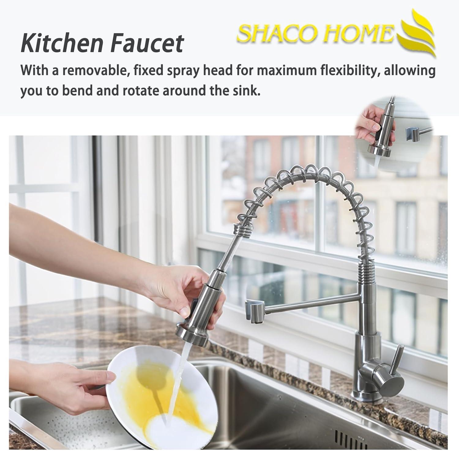 SHACO Kitchen Faucet, Stainless Steel Kitchen Faucet with Pull Down Sprayer, Commercial Single Handle Spring Faucet for Farmhouse Camper Laundry Utility RV Wet Bar Sink Brushed Nickel, SC-FST006L-D-ZZ