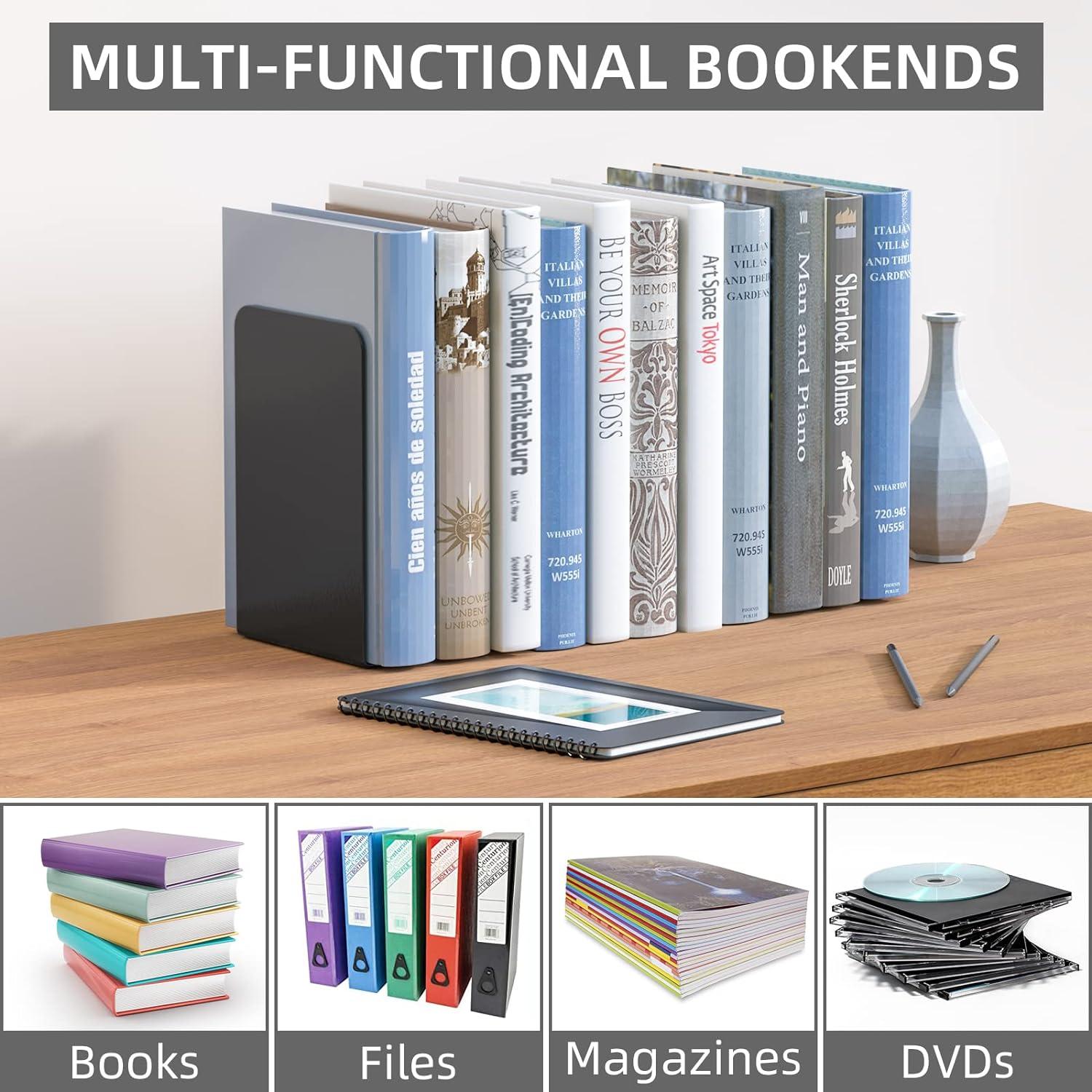 VFINE Bookends 1 Pair, Bookends for Shelves, Metal Black Book Ends for Shelves, Book Ends for Heavy Books, Book Shelf Holder for Home Office