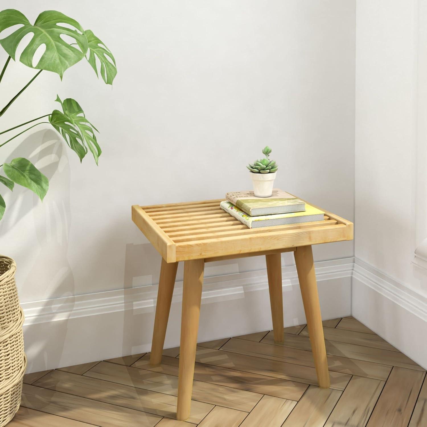 Natural Pine and Birch Mid-Century Square Bench