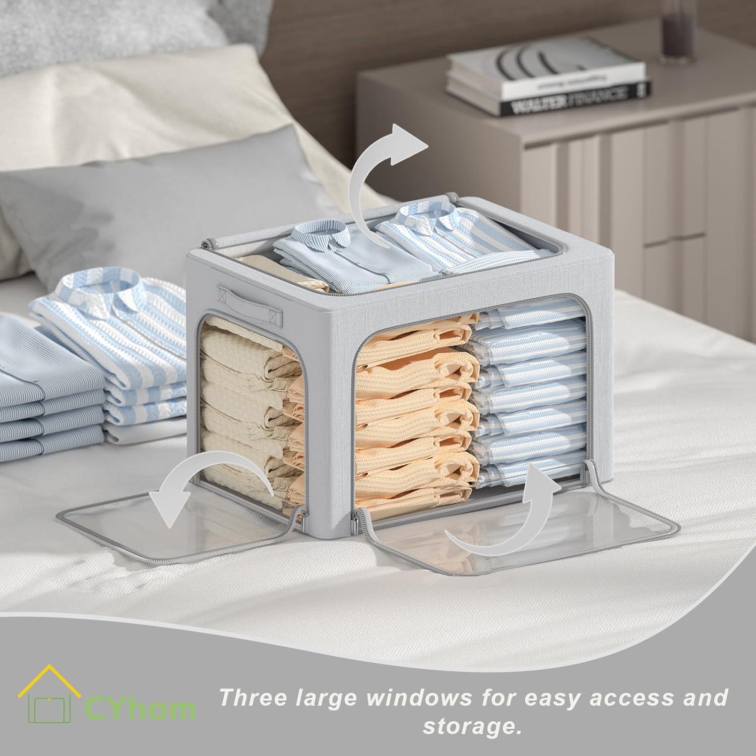 3 Openings Clothes Storage Bins With Metal Frame, Foldable Storage Bin For Clothes, Clothing Storage Bins With Lid, Linen Storage Box With Clear Window& Zippers& Durable Handles.(3 Pcs,Light Grey,40L)