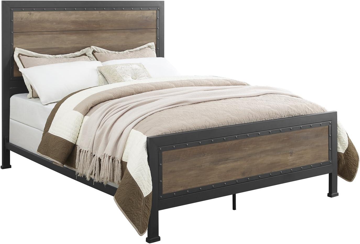 Rustic Oak Queen Bed with Metal Frame and Wood Headboard