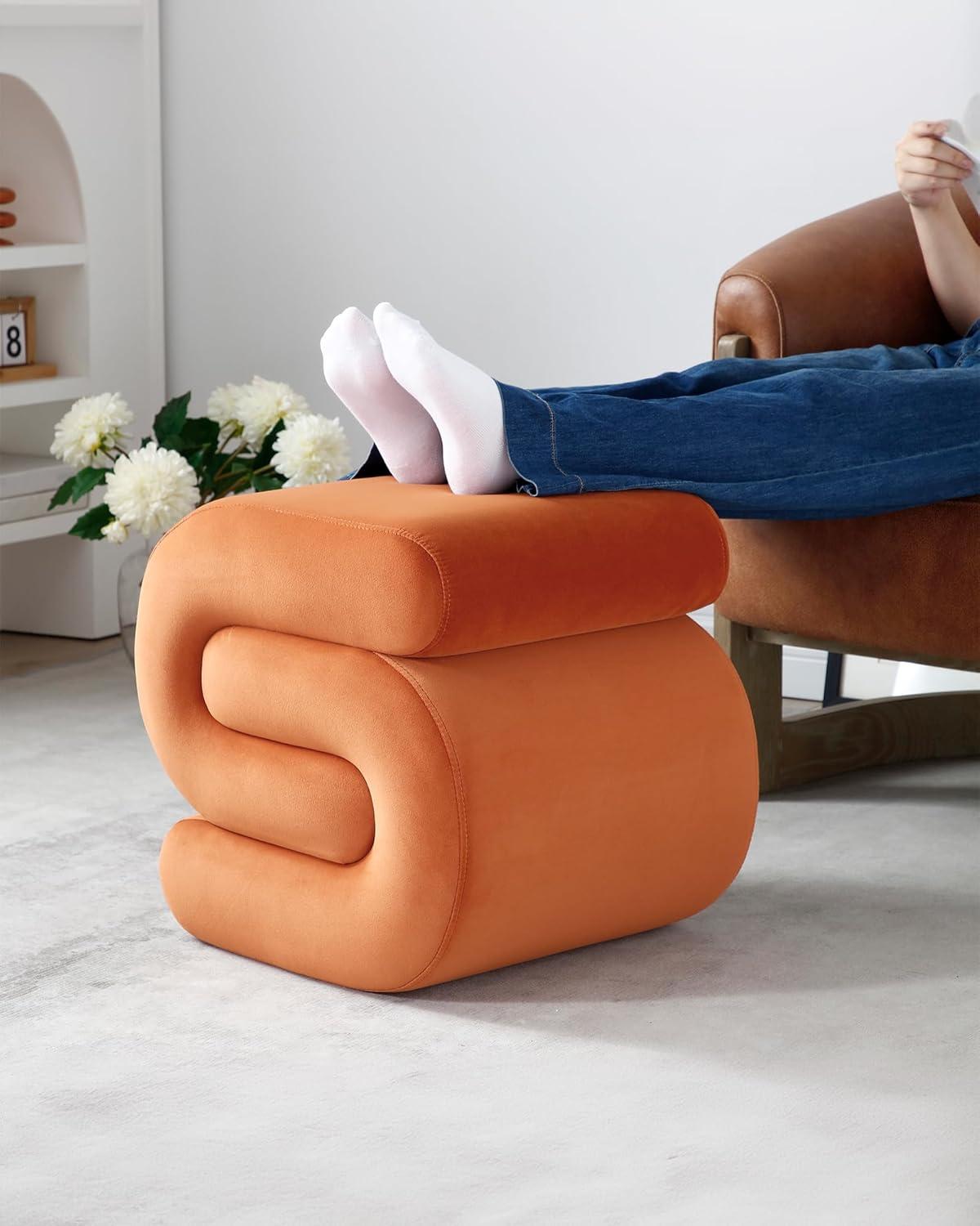 Foot Stool, Modern S-Shape Velvet Ottoman Makeup Chair Footstool Under Desk, Upholstered Extra Seating for Living Room, Bedroom, Entryway, Office (Orange)