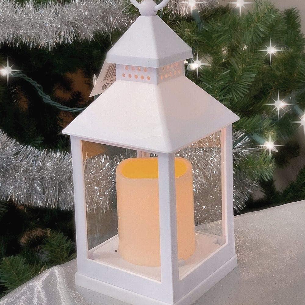 Decorative White Lanterns - Set of 4 - 4 Hour Timer - Remote – 9 3/8"H White LED Lanterns with Flameless Pillar Candles Included - Indoor/Outdoor Lantern Set- Hanging or Sitting Decoration - 9634-4W