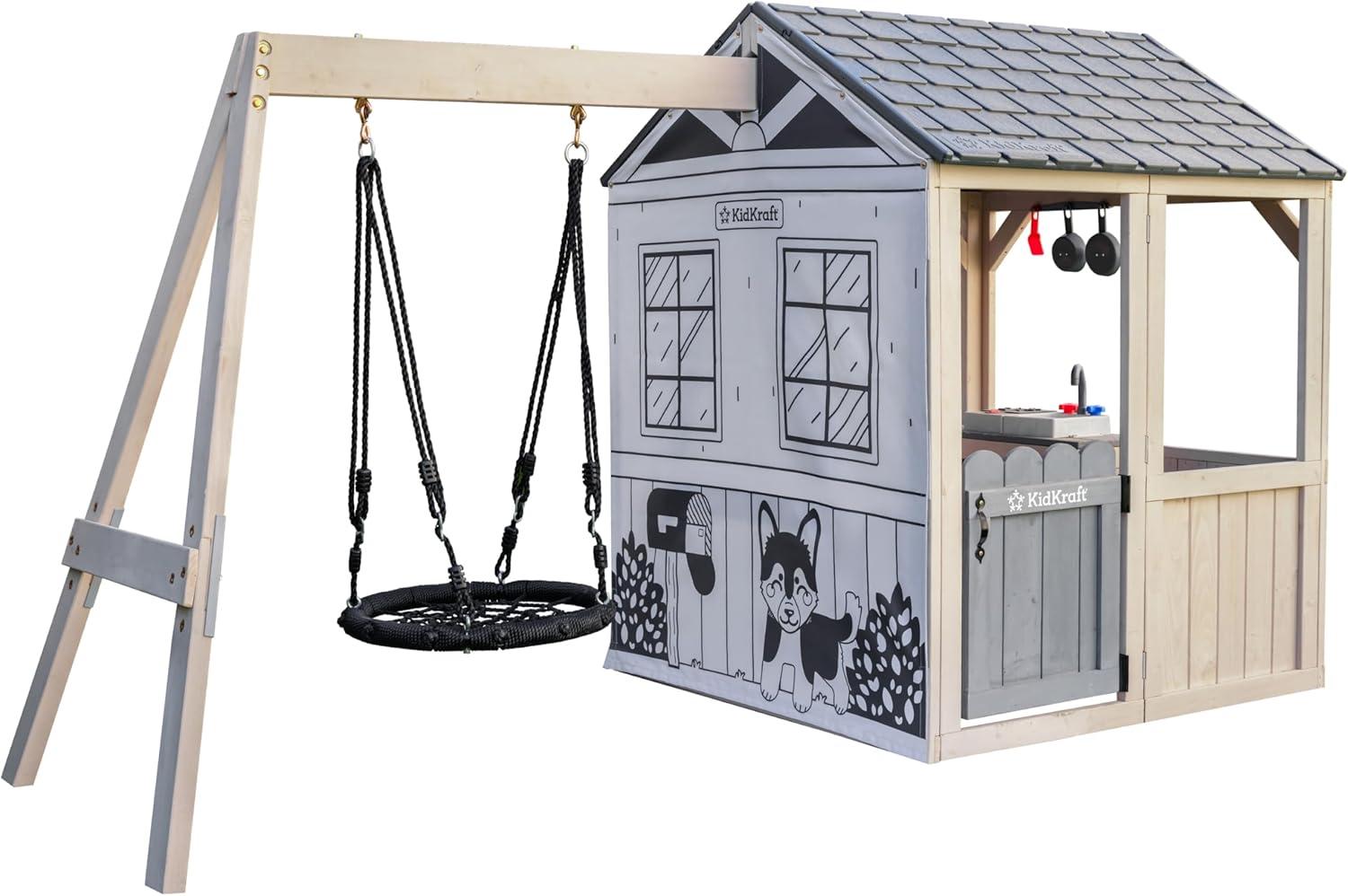 KidKraft Savannah Swing Wooden Outdoor Playhouse with Web Swing and Play Kitchen