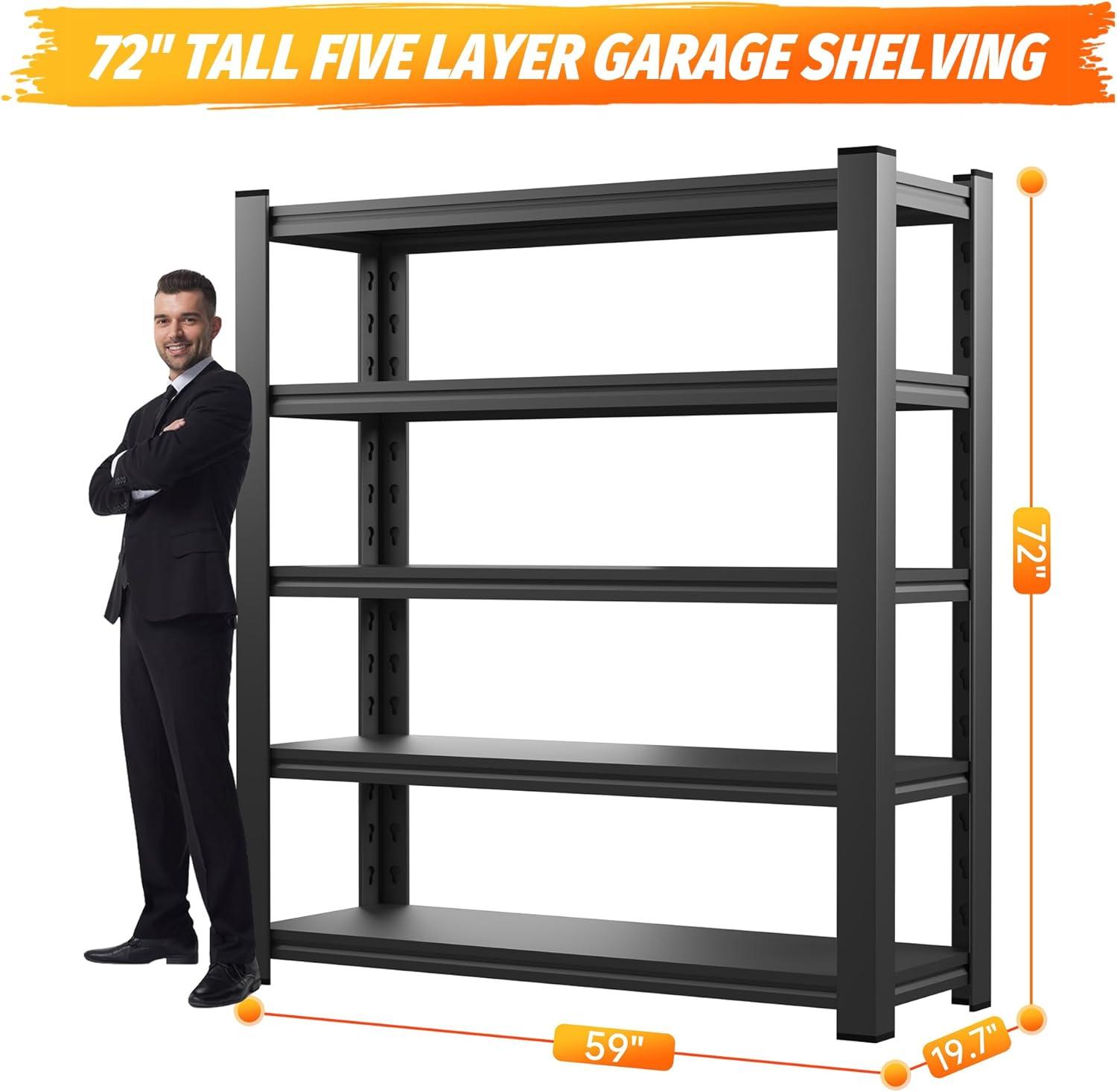 5 Tier 72"H Garage Shelving 2000LBS Heavy Duty Garage Storage Shelves Adjustable Metal Shelving Unit for Garage Storage Rack Industrial Utility Shelf 15.7" D X 35.4" W X 72" H, Black