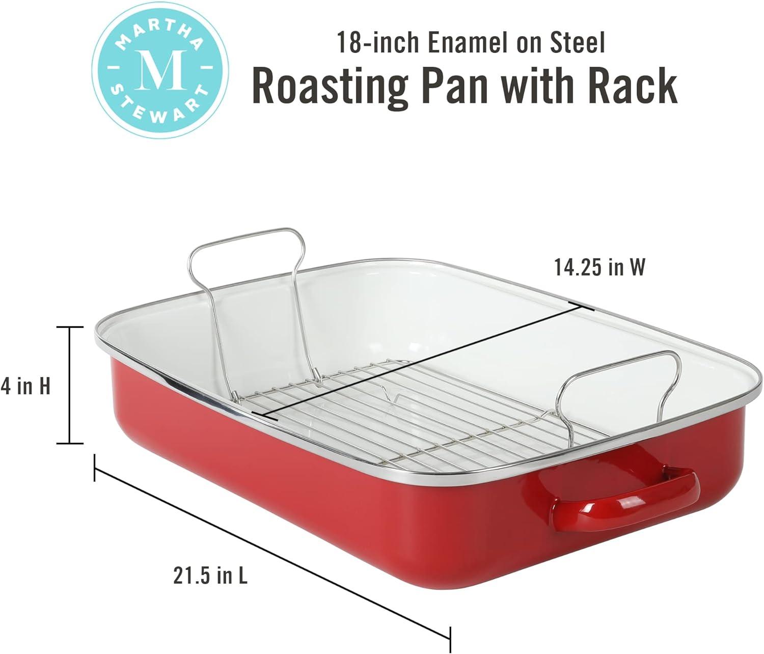 Red 18" Enameled Steel Roaster Pan with Rack and Handles