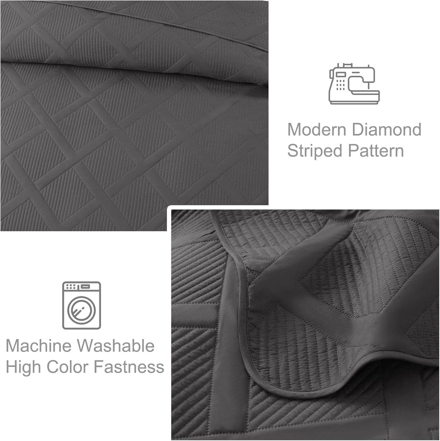 Exclusivo Mezcla Ultrasonic Twin Quilt Set, 2-Piece Lightweight Bedspreads Modern Striped Coverlet, Grey