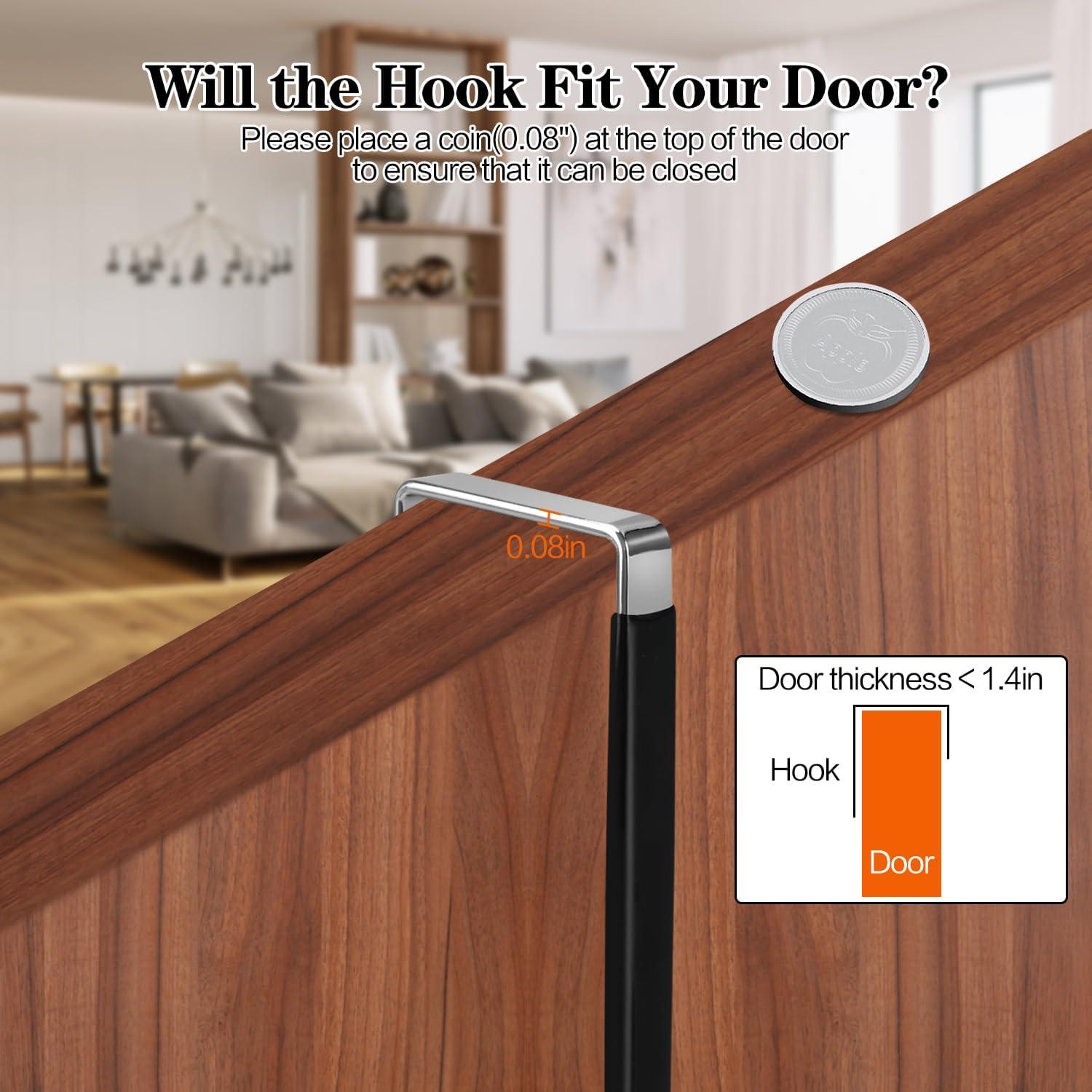 Over The Door Hooks, 4 Pack Upgraded Long Door Hangers Hooks with Rubber Prevent Scratches Heavy Duty Organizer Hooks for Hanging Clothes, Towels, Hats, Coats, Bags Black