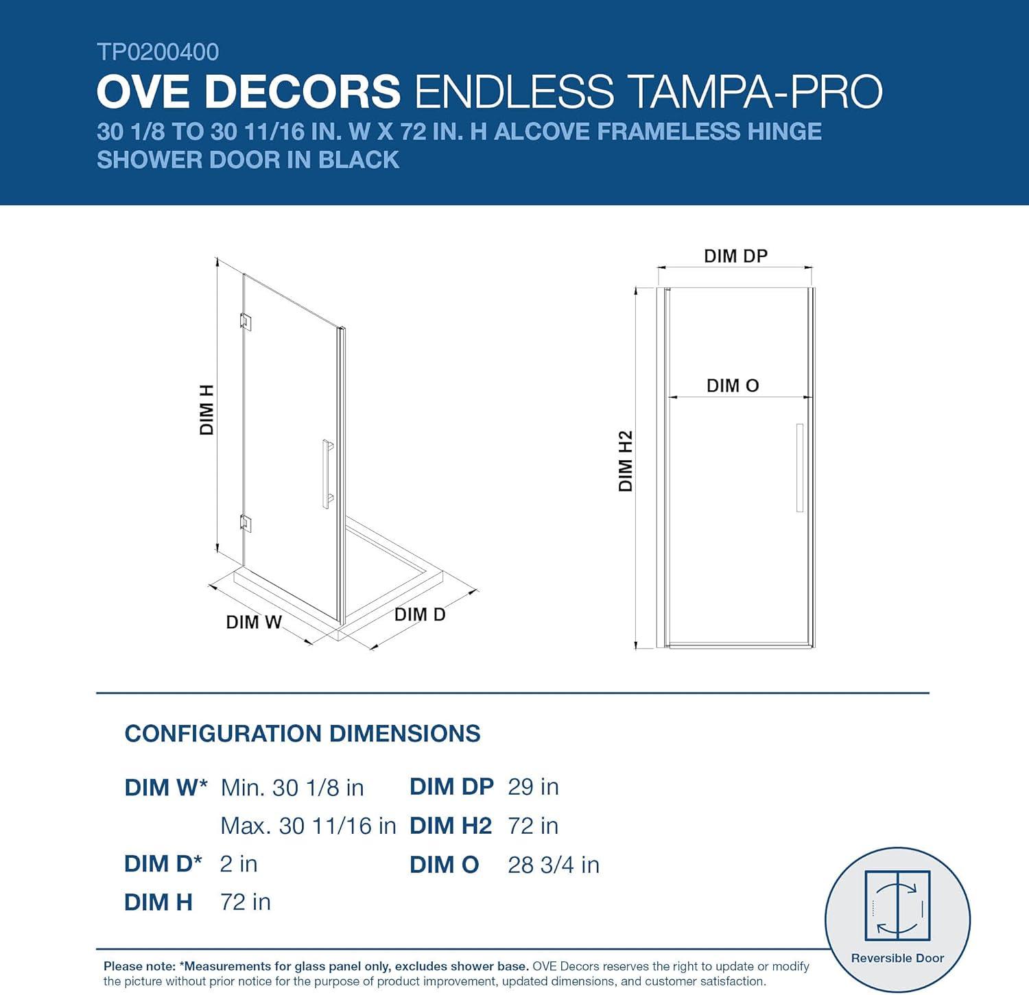 Endless Tampa-Pro 30.71" W x 72.01" H Frameless Shower Kit