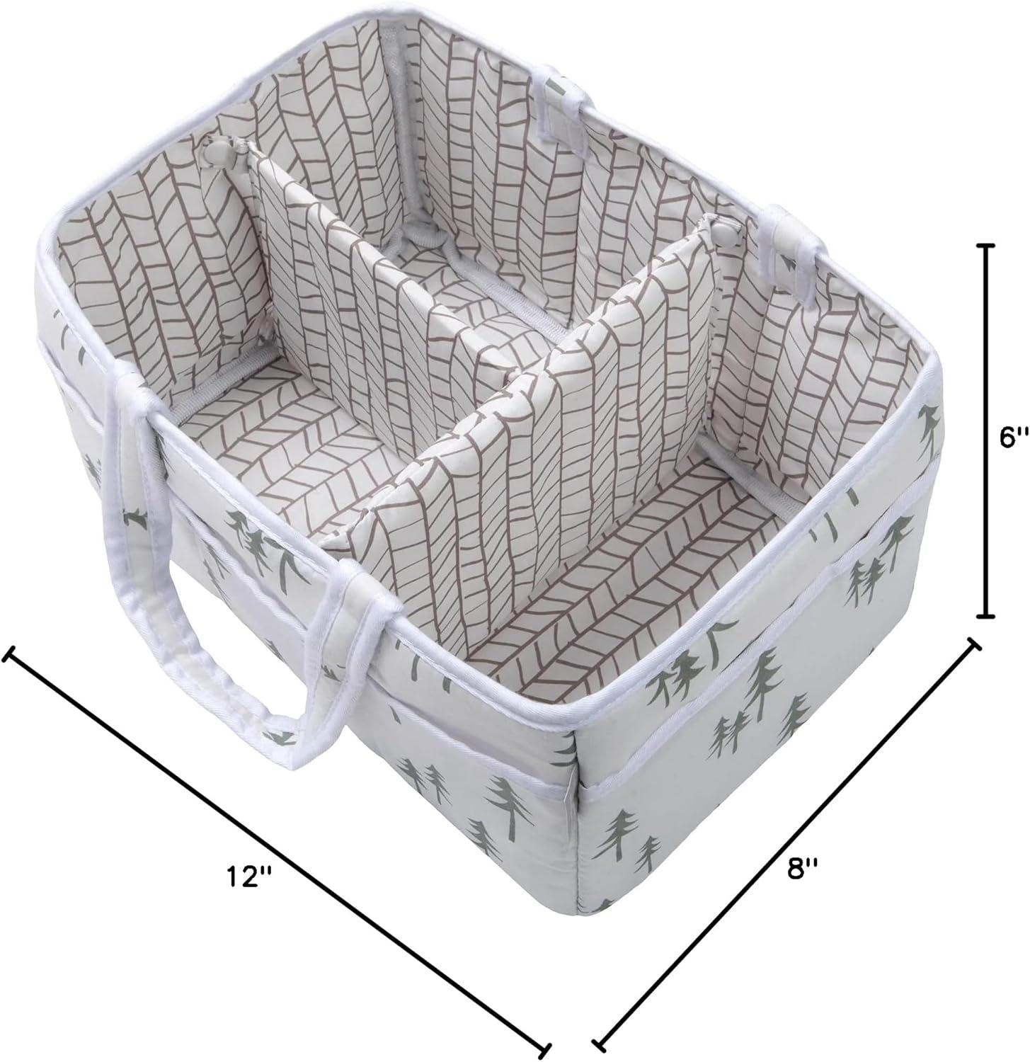 White and Green Cotton Diaper Caddy with Tree Print