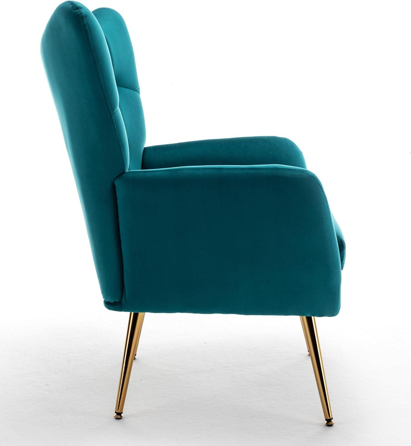Modern Chic Mid-Century Velvet Accent Armchair for Living Room, Bedroom, or Home Office, Button-Tufted Wingback Design with Gold Flared Legs, Dark Teal