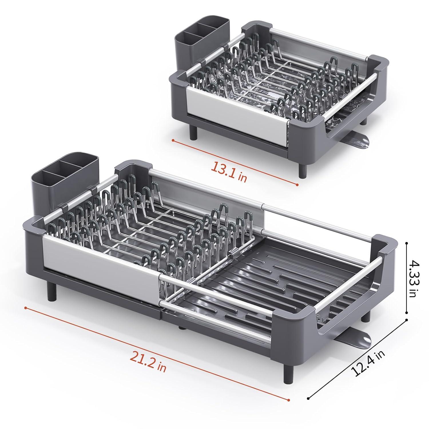 TOOLF Extendable Dish Rack, Dual Part Dish Drainers with Non-Scratch and Movable Cutlery Drainer and Drainage Spout, Adjustable Dish Drying Rack for Kitchen, 1 Piece White