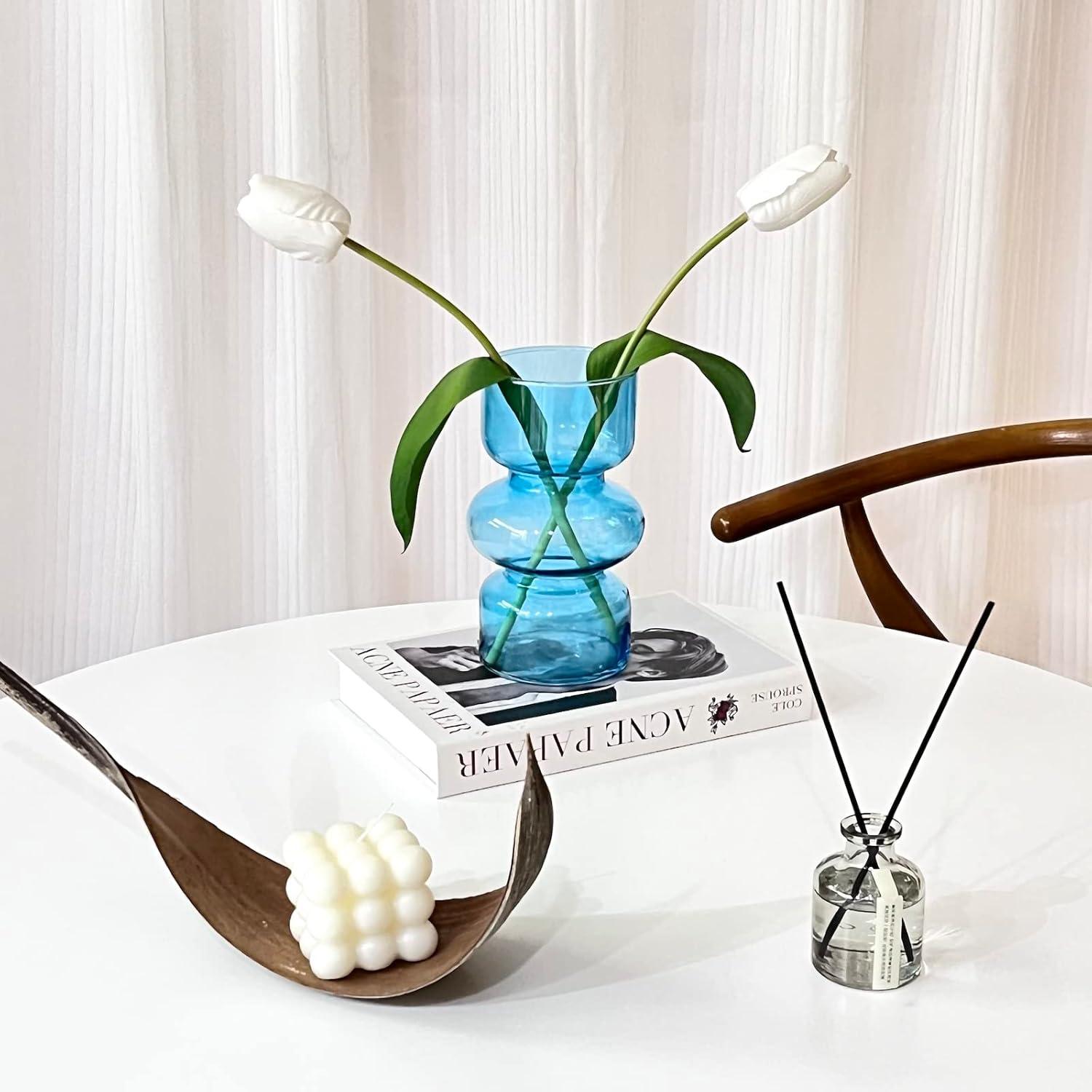 BLOFLO Blue Transparent Glass Hydroponic Vase, 7Inches Colored Glass Vase for Flower, Modern Geometric Three-Layer Floral Vases for Home Office Wedding Table Décor(Blue)