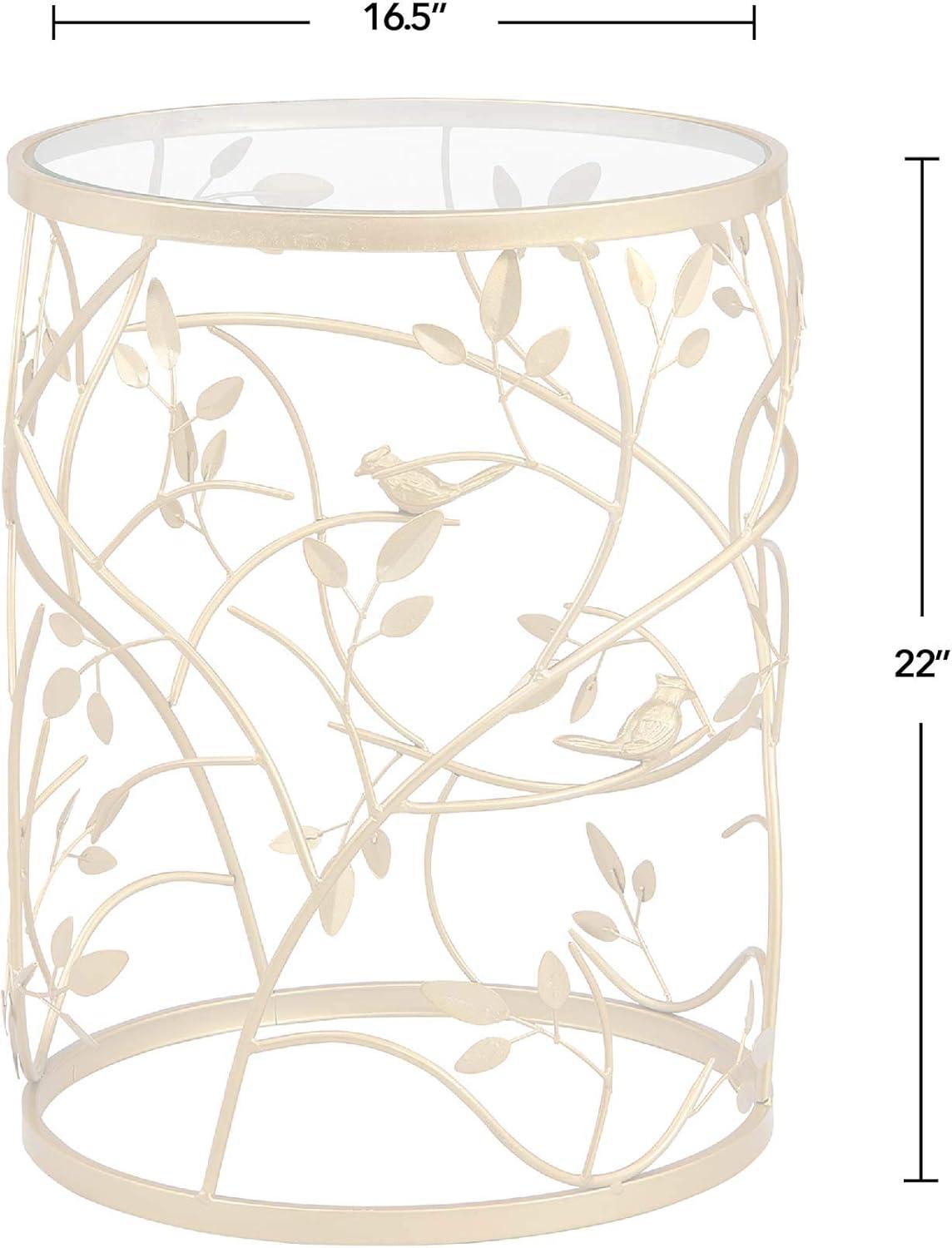 Elegant Gold Metal and Glass Round Accent Table with Bird and Branches Design