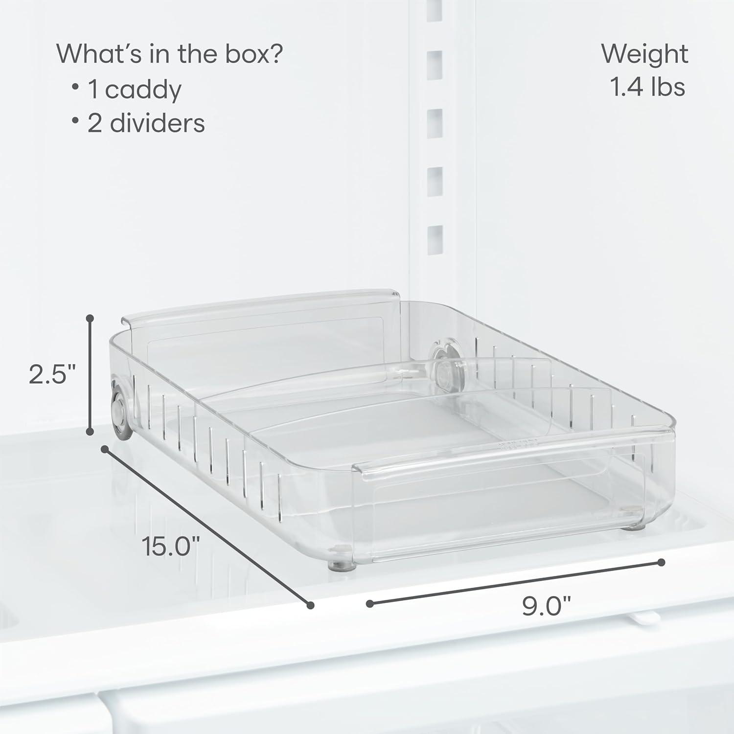 YouCopia® RollOut® Fridge Caddy, 9” x 15”, Rolling Fridge Organizer with Adjustable Dividers