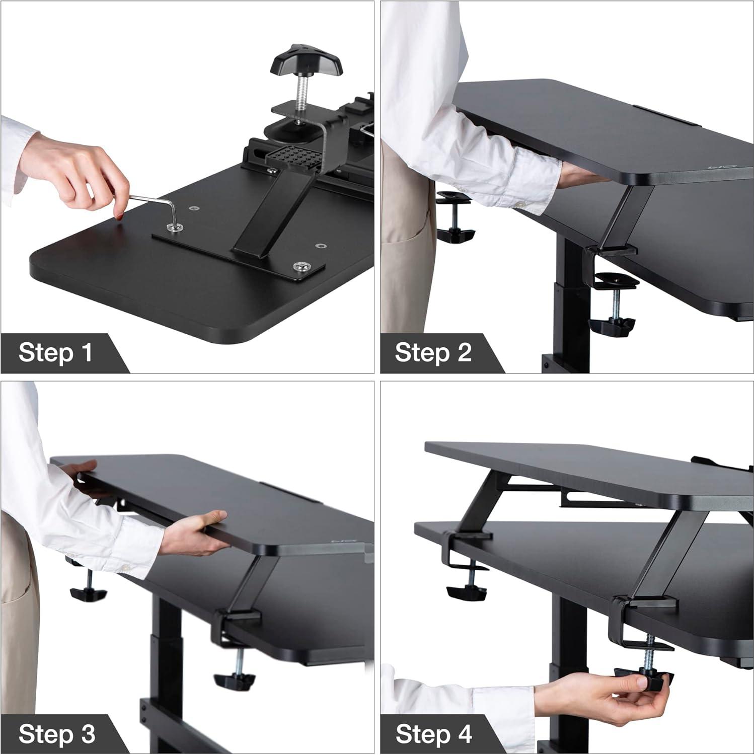 Black Dual Monitor Clamp-On Desk Shelf with Slide-Out Holder