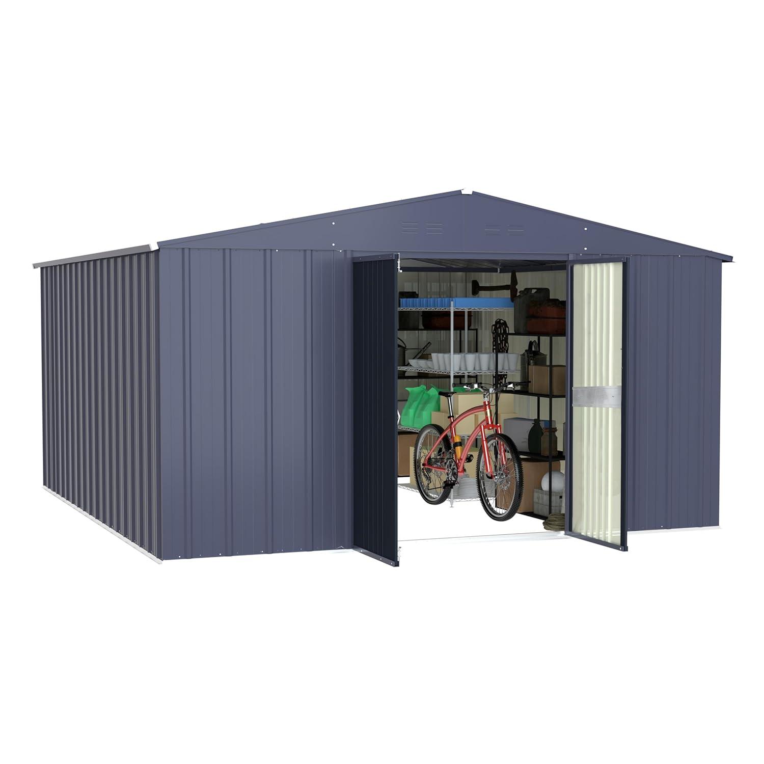 VEIKOUS 10' x 12' Outdoor Storage Shed with Lockable Doors for Garden, Gray