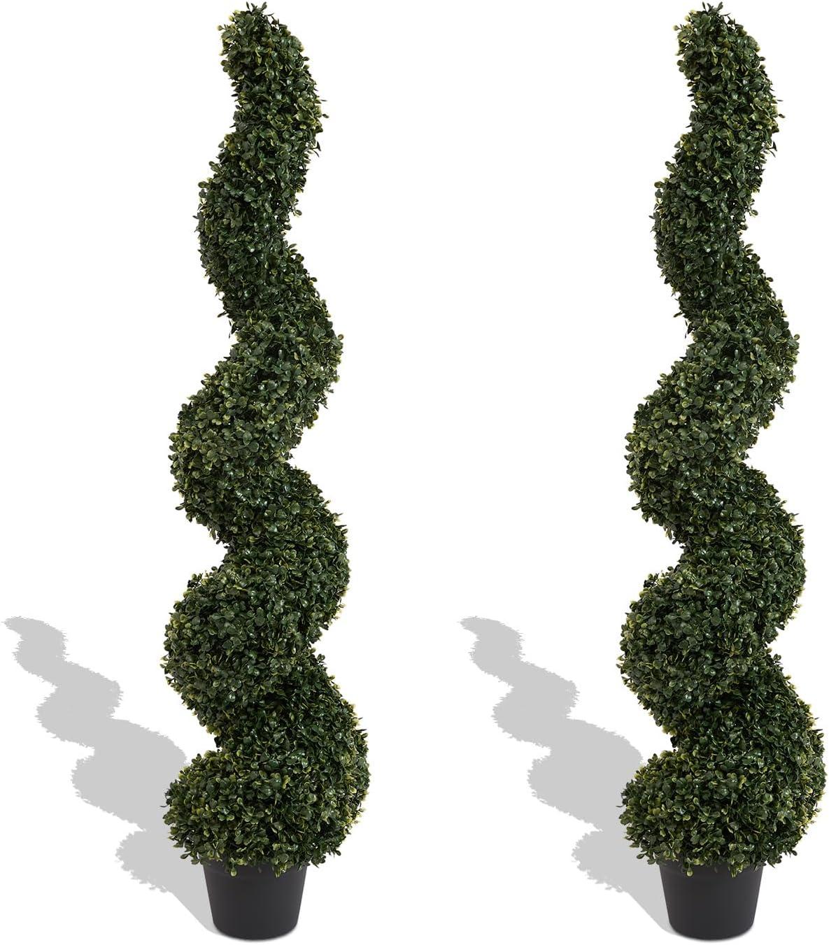 Goplus 4FT Artificial Spiral Boxwood Topiary Tree, 2 Pack Greenery Large Faux Plant in Cement-Filled Plastic Pot, Tall Fake Plant for Indoor Outdoor Home Front Porch Decor