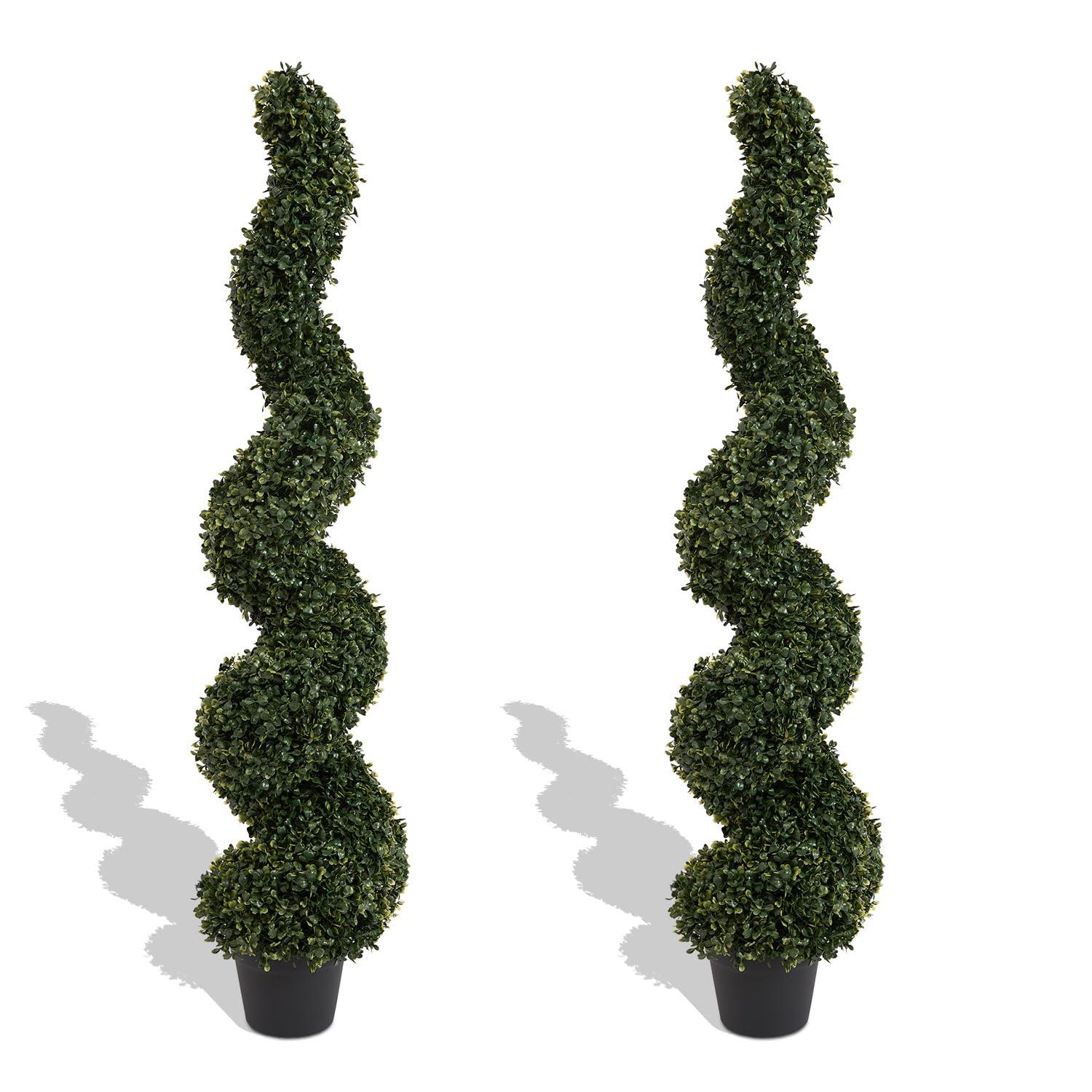Goplus 4FT Artificial Spiral Boxwood Topiary Tree, 2 Pack Greenery Large Faux Plant in Cement-Filled Plastic Pot, Tall Fake Plant for Indoor Outdoor Home Front Porch Decor