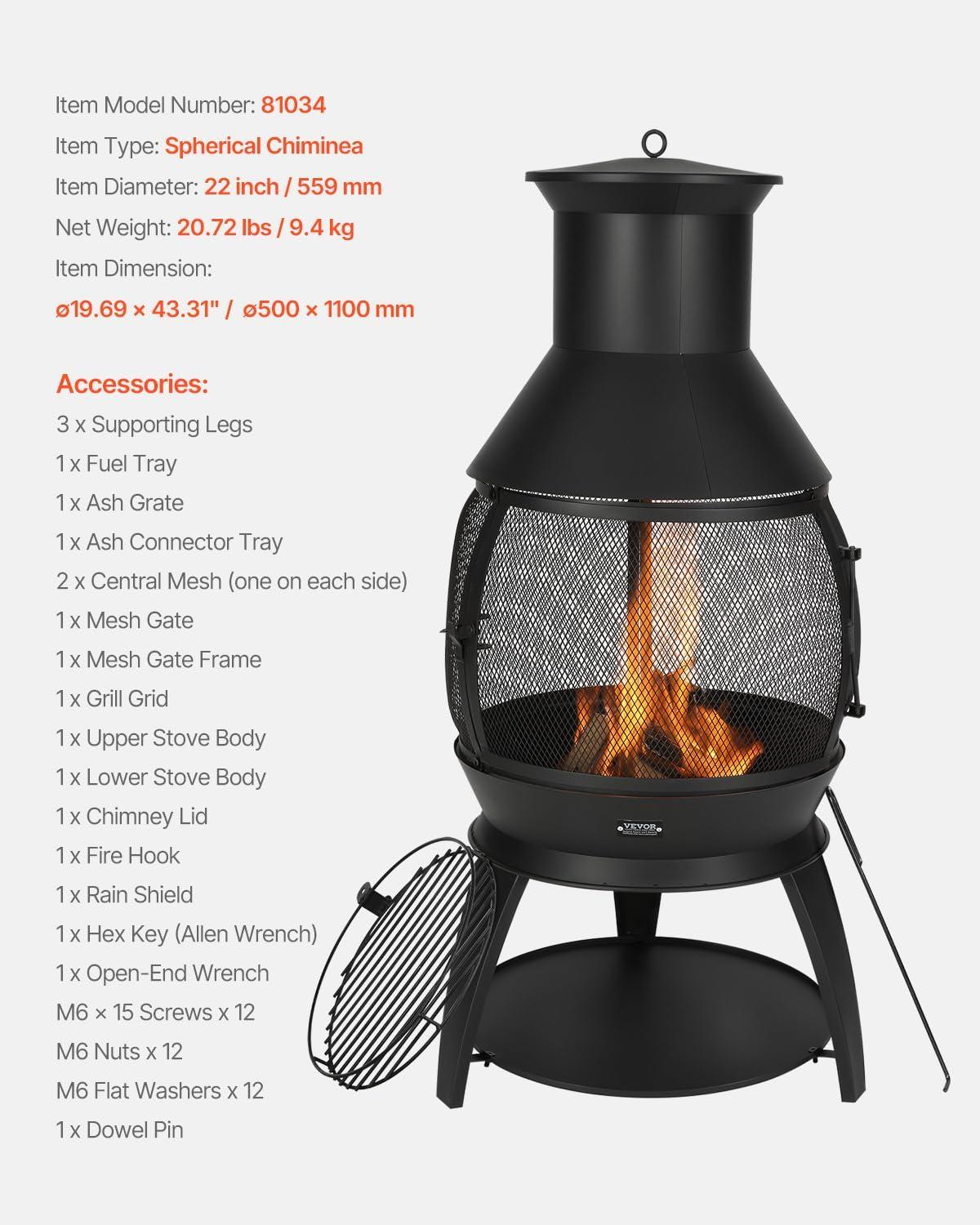 VEVOR Chiminea, 22 Inch Outdoor Wood Burning Firepit, Iron Spherical Fireplace for BBQ & Warming, Wooden Fire Pit with Grill Mesh, Chimney Coat & Rustproof Chiminea Lid, for Patio, Garden, Backyard
