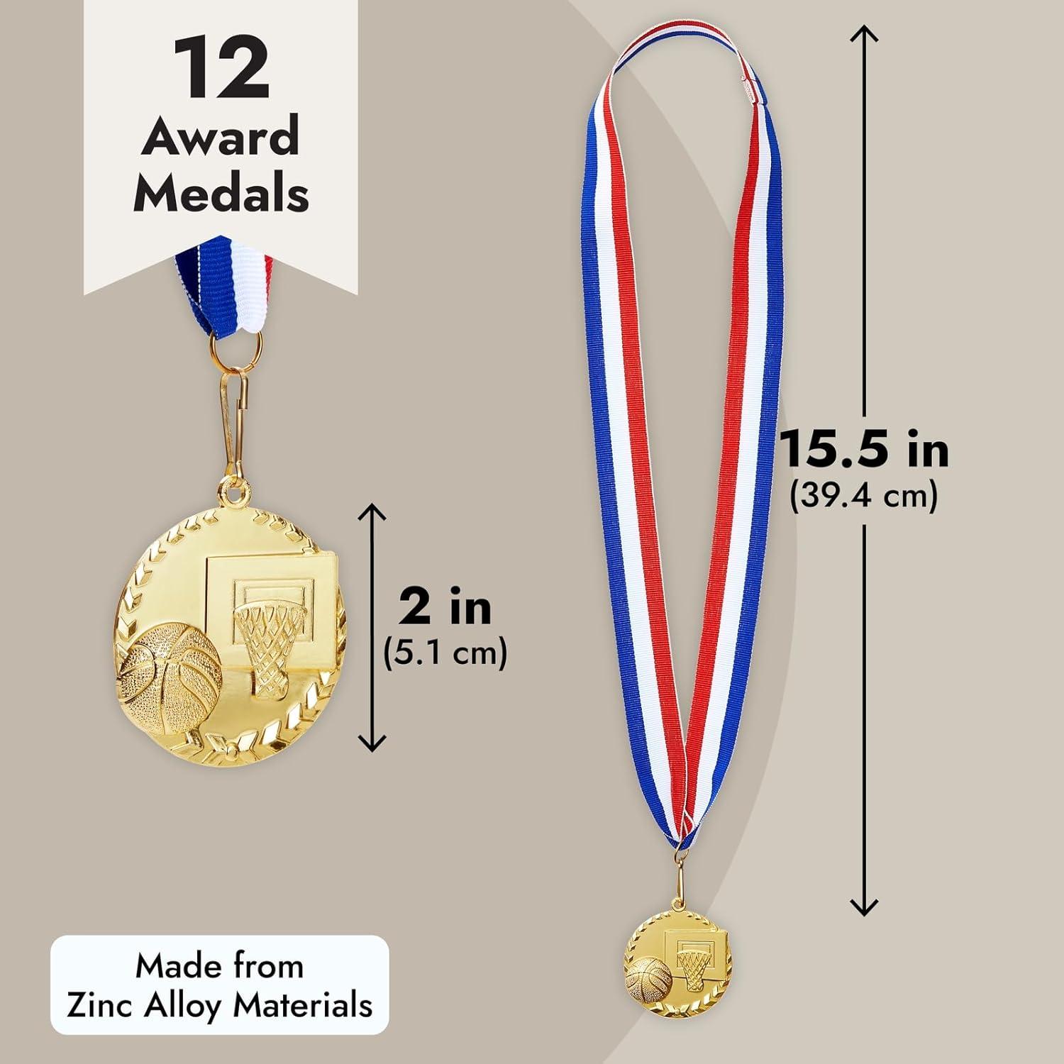 Juvale 12 Pack Basketball Medals for All Ages, Gold Metal Team Awards Trophy, Sports Party Favors, 2 in