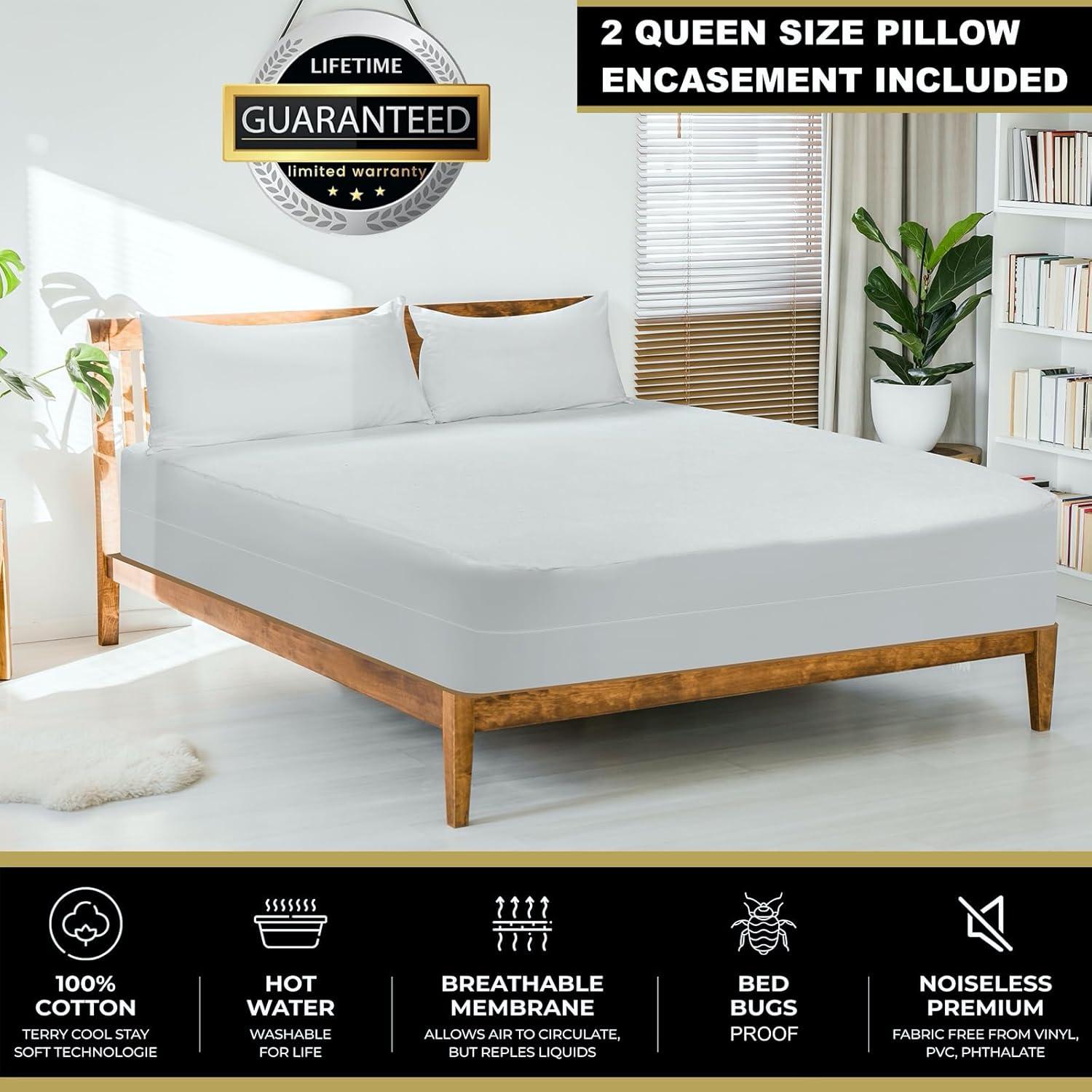 MATTSHIELD New Ultimate 3-Piece Kit - Bed Bug-Proof Mattress Cover Queen Size 100% Cotton Top + 2 Pillow Protectors with Zipper - 6 Sided Waterproof Encasement, Total Defense Kit