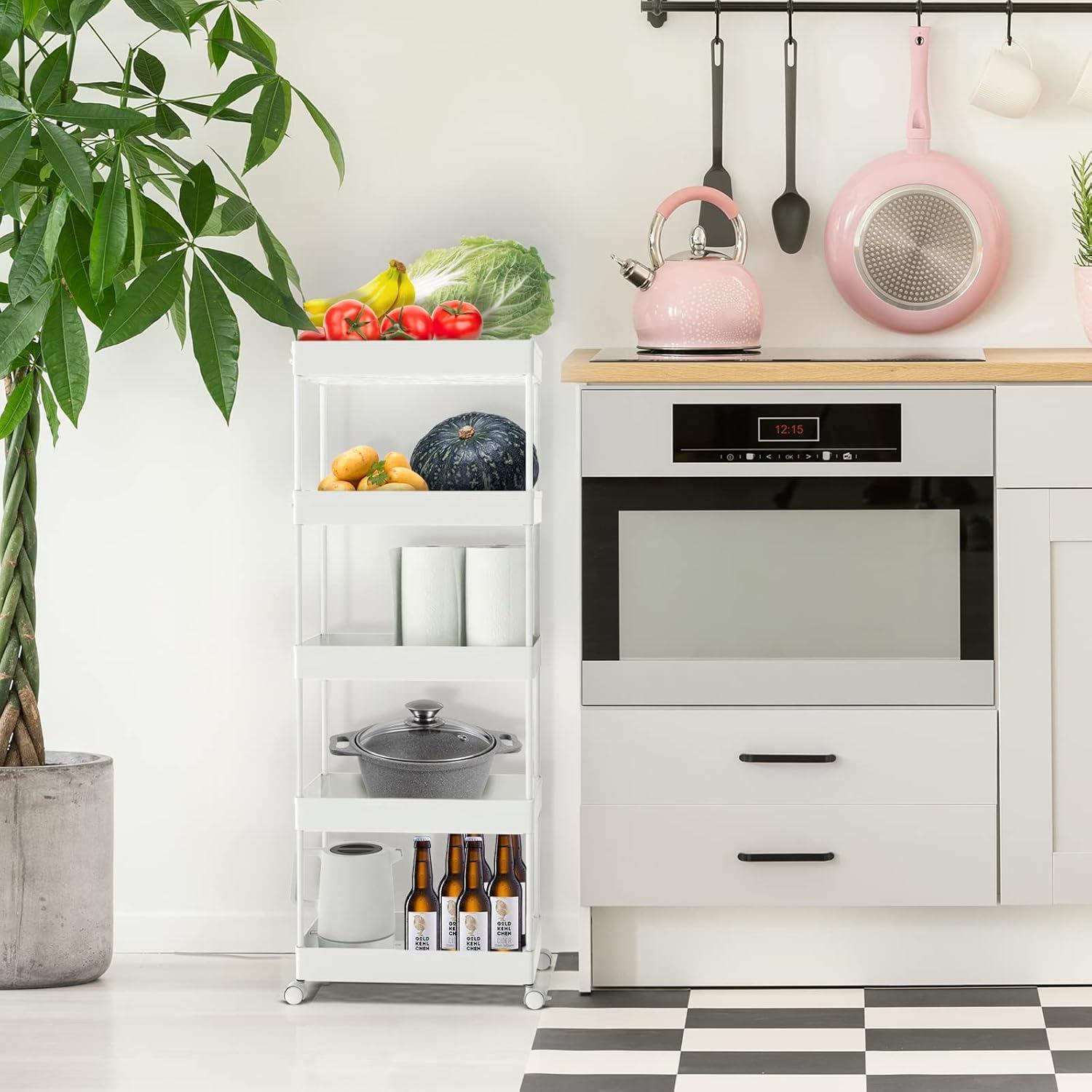 White 5-Tier Rolling Utility Storage Cart with Adjustable Shelves