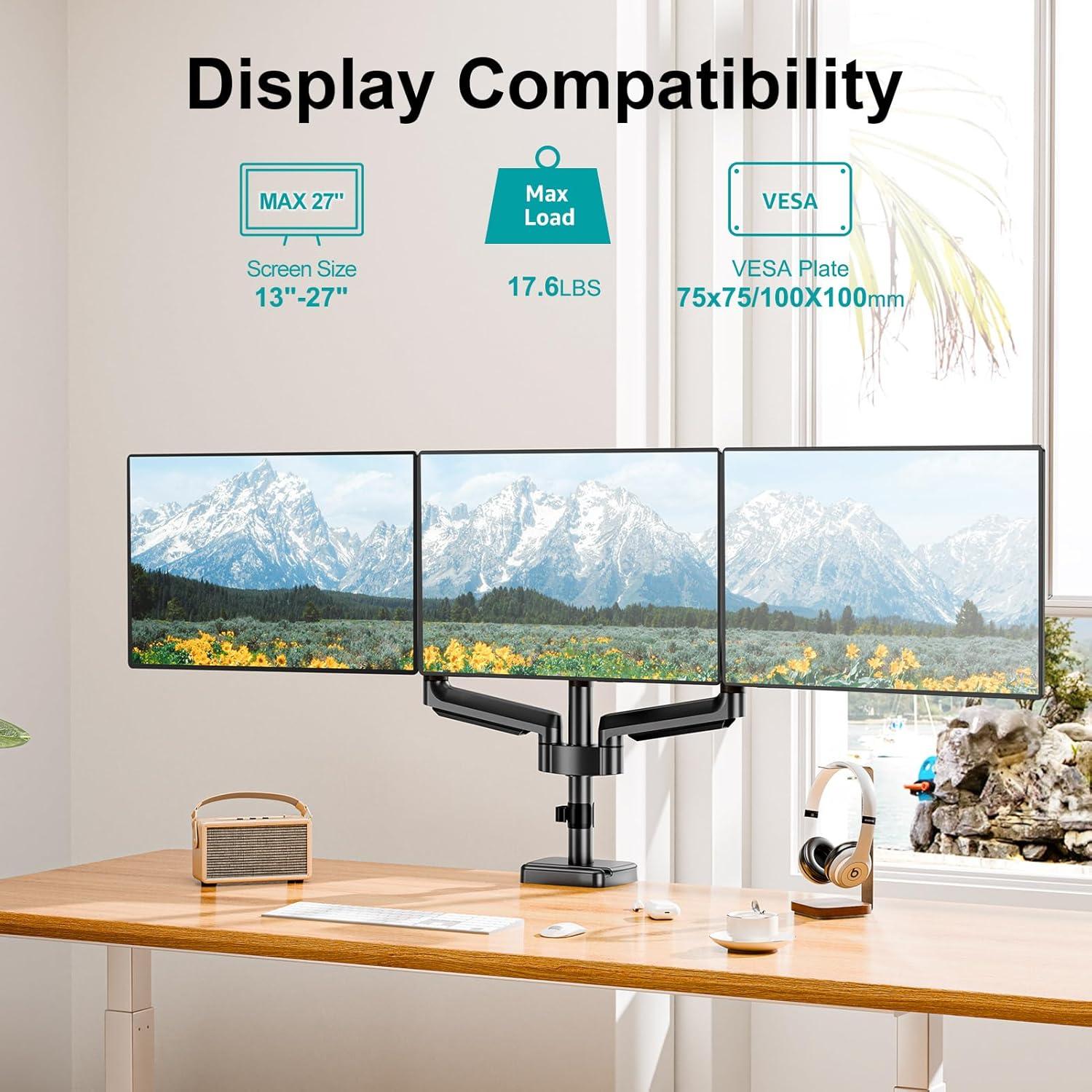 MOUNT PRO Triple Monitor Mount, 3 Monitor Desk Arm fits Three Max 27" LCD Computer Screens, up to 17.6lbs Each, Premium Gas Spring Display Stand with Tilt Swivel Rotation, Vesa Mount 75x75,100x100
