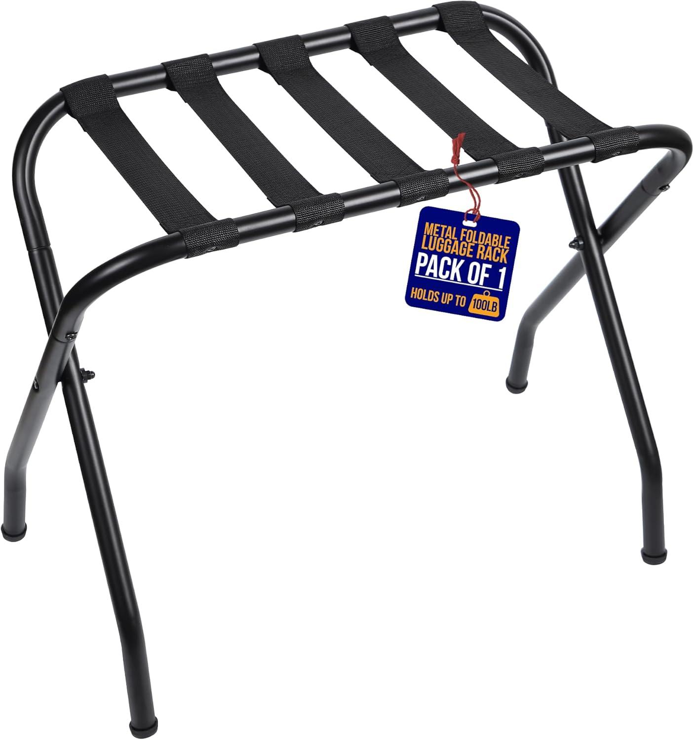 Lifemaster Foldable Luggage Rack for Guest Room - Steel Frame, Holds 100 lbs - Easy Assembly, Space-Saving Design, Nylon Straps - Black, Pack of 1