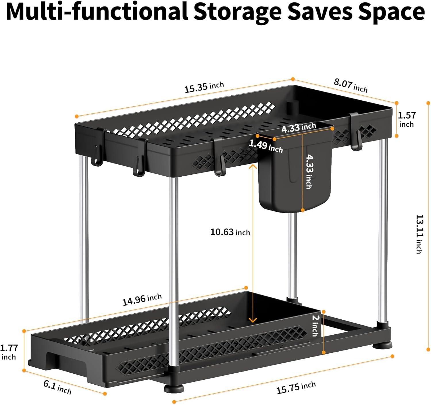 Under Sink Organizers and Storage, 2 Pack Pull Out Kitchen Bathroom Cabinet Organizer, 2 Tier Black Under Sink Storage for Bathroom Kitchen, Under Counter Storage Organizer with 8 Hooks