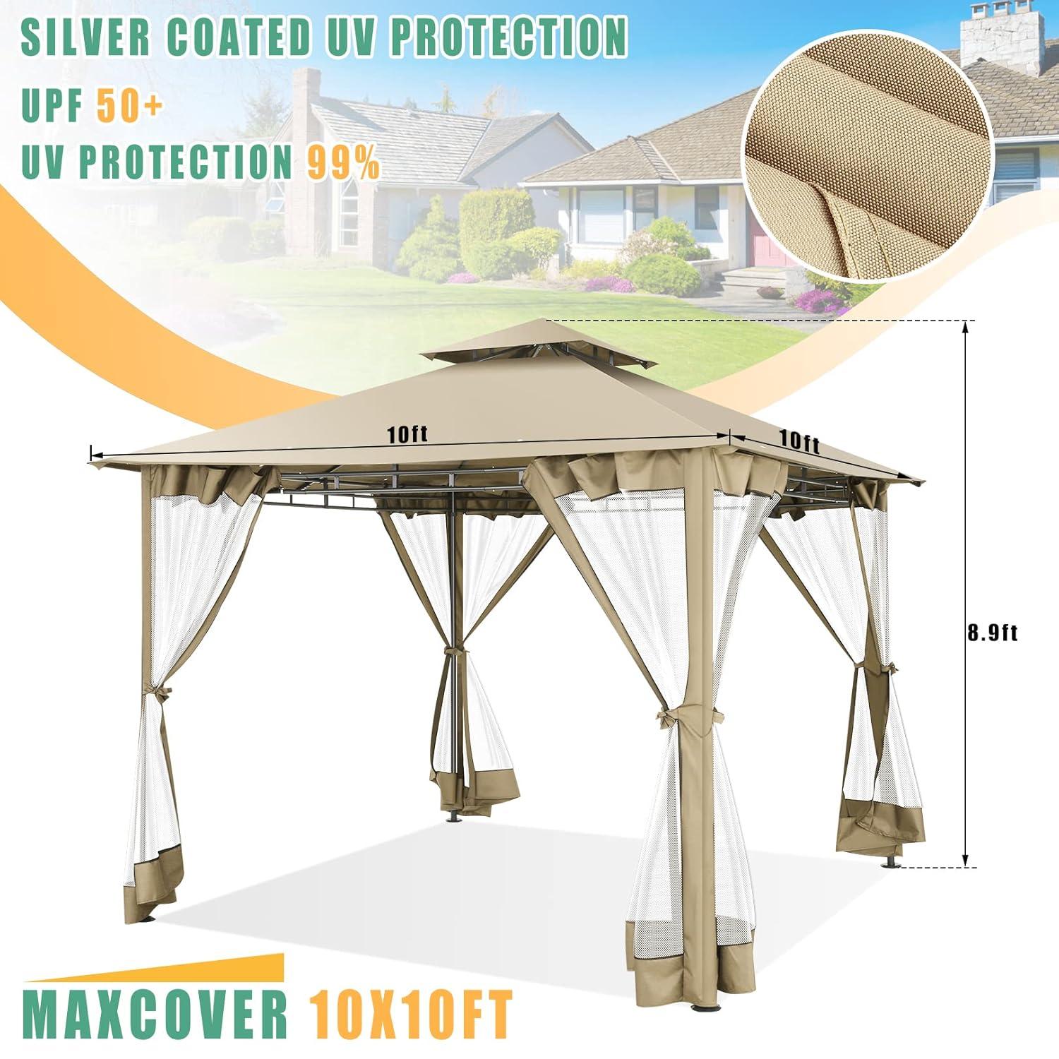 HOTEEL 10x20 Gazebo on Clearance, Outdoor Gazebo Tent with Mosquito Netting and Ventilated Double Flat Roof, Easy Set up Canopy Tent with Stable Metal Frame for Patio, Khaki (Upgraded 2.0)