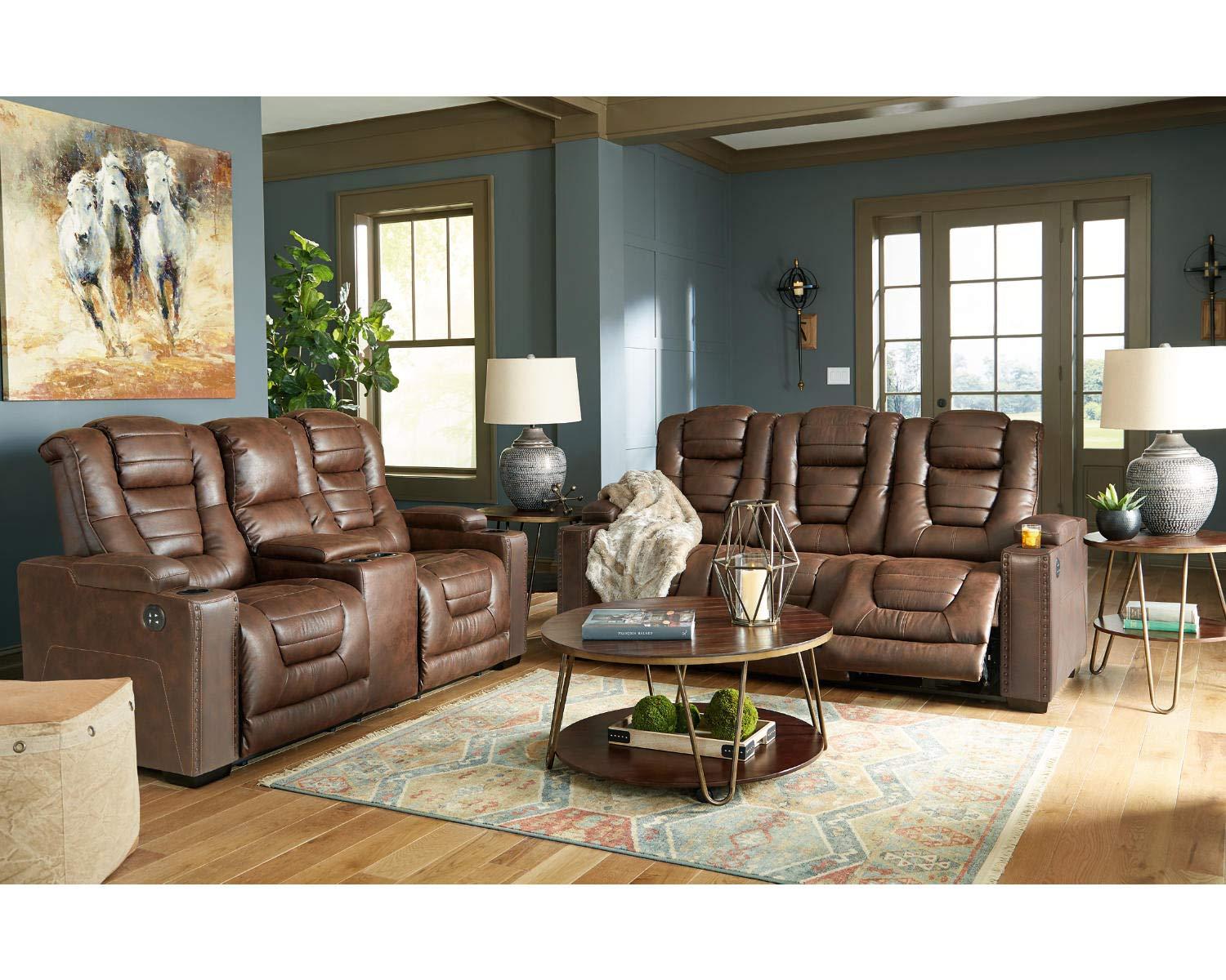 Ashley Furniture Owner's Box Faux Leather Power Reclining Loveseat in Dark Brown