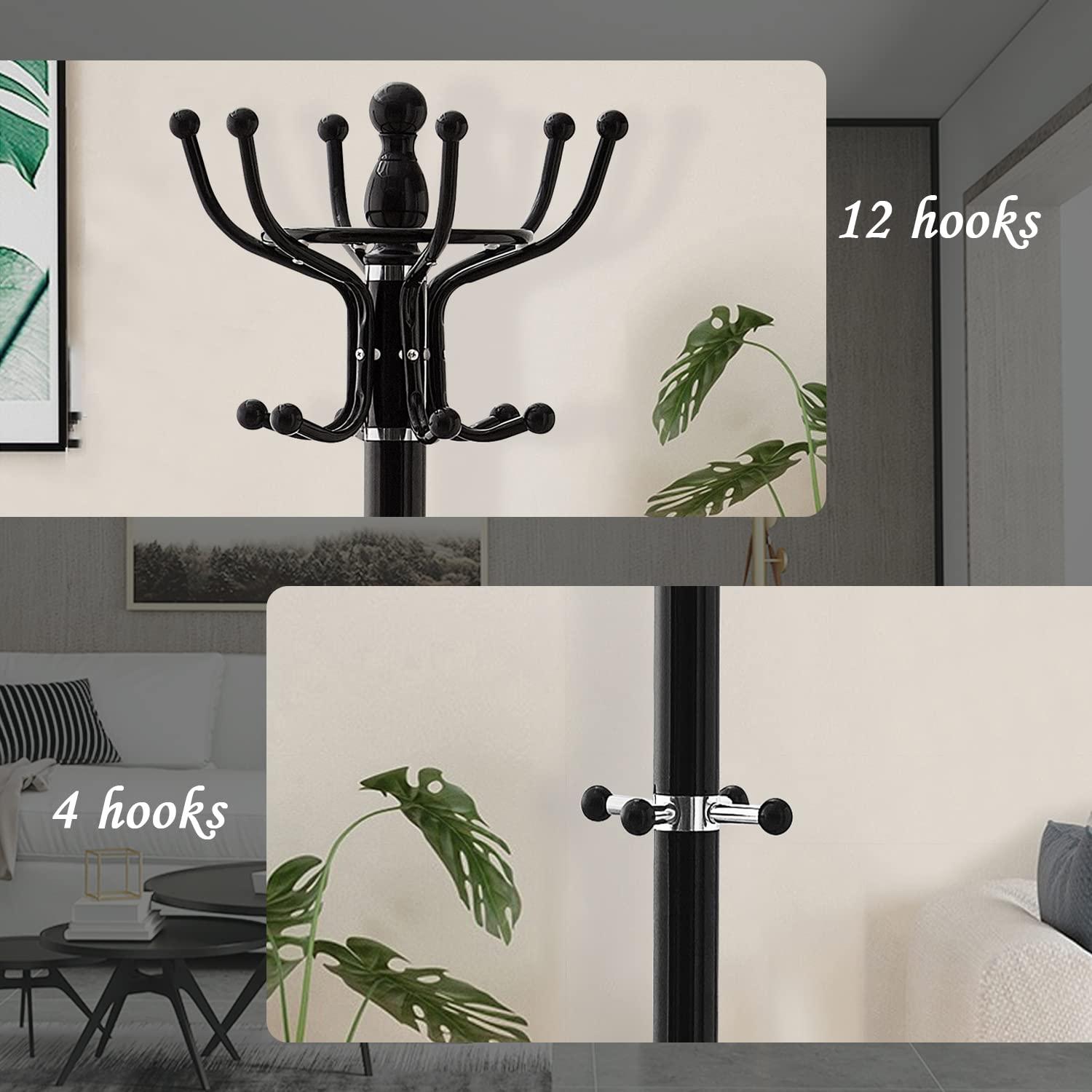 Metal Coat Rack Freestanding 16 Hooks, Entry-way Coat Racks Stand with Natural Marble Base Hall Tree, Easy Assembly for Coat Tree Hats Hanger Holder for Purse, Scarf Rack, Jacket (Black)