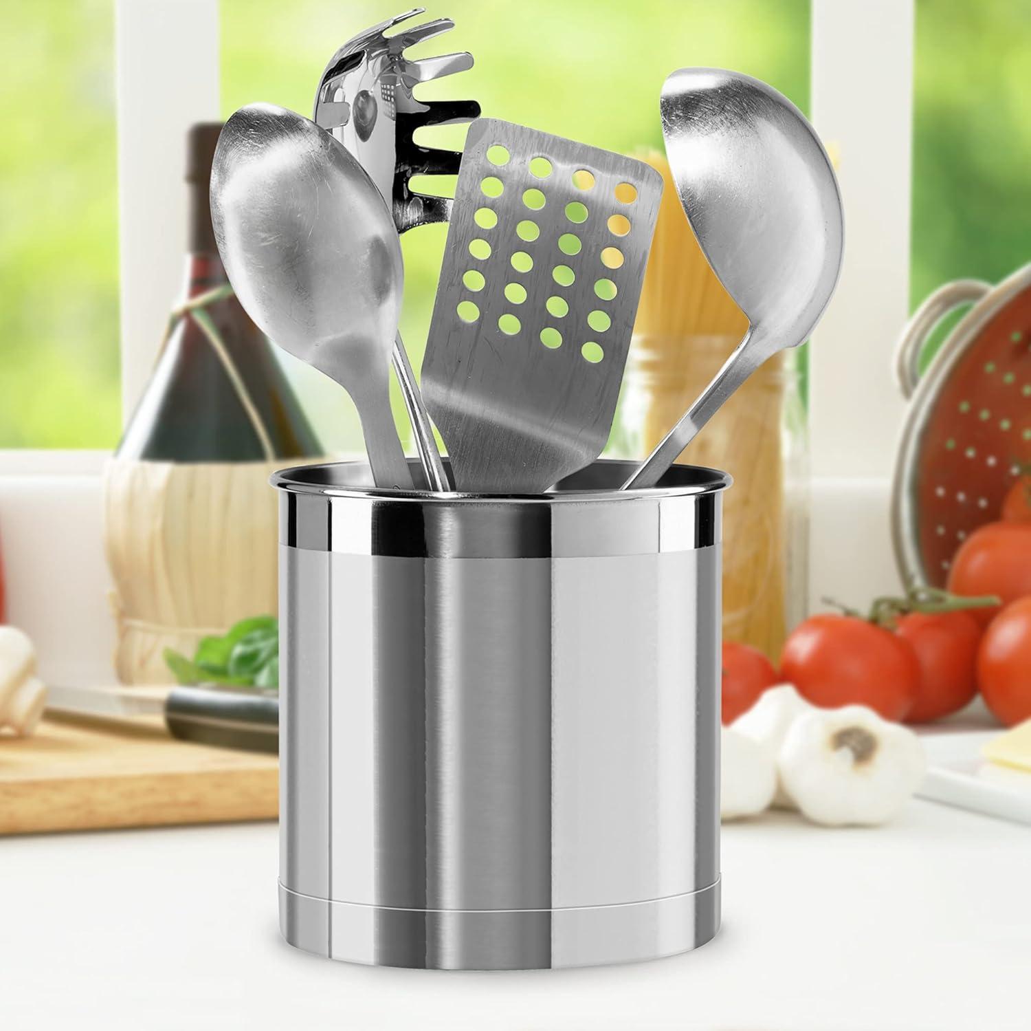 Oggi Stainless Steel Jumbo Utensil Holder - 7" Utensil Caddy, Weighted Base for Stability - Extra Large Utensil Crock and Countertop Utensil Organizer, Stainless Steel