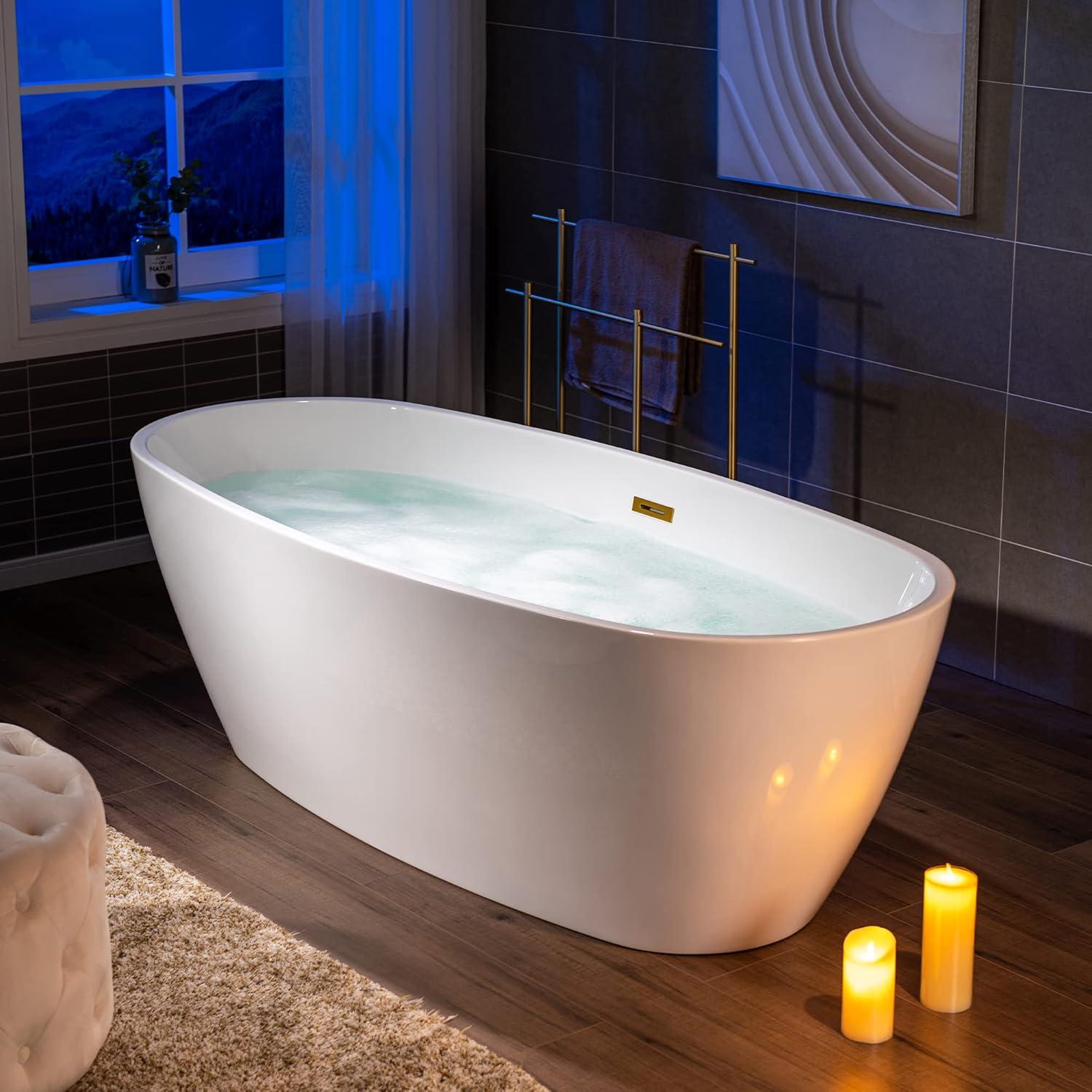 WOODBRIDGE 71" Acrylic Freestanding Bathtub Contemporary Soaking Tub, White Acrylic,Brushed Gold Drain/Overflow