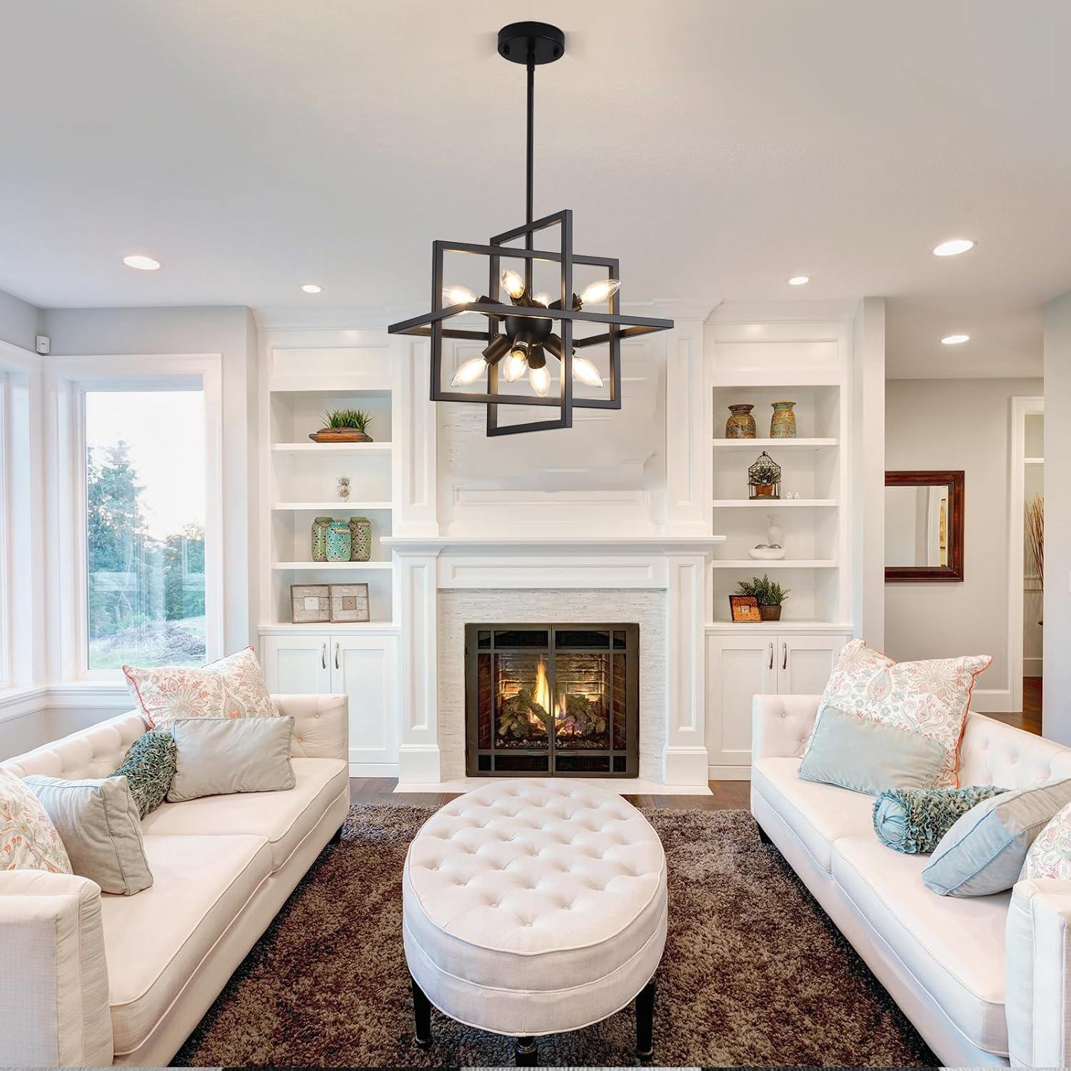 Modern Black and Gold Chandelier, 8-Light Geometric Pendant Light Fixture, Dining Light Fixtures Adjustable Chandelier for Dining Room Entryway Foyer Hallway Bedroom Living Room Kitchen Island