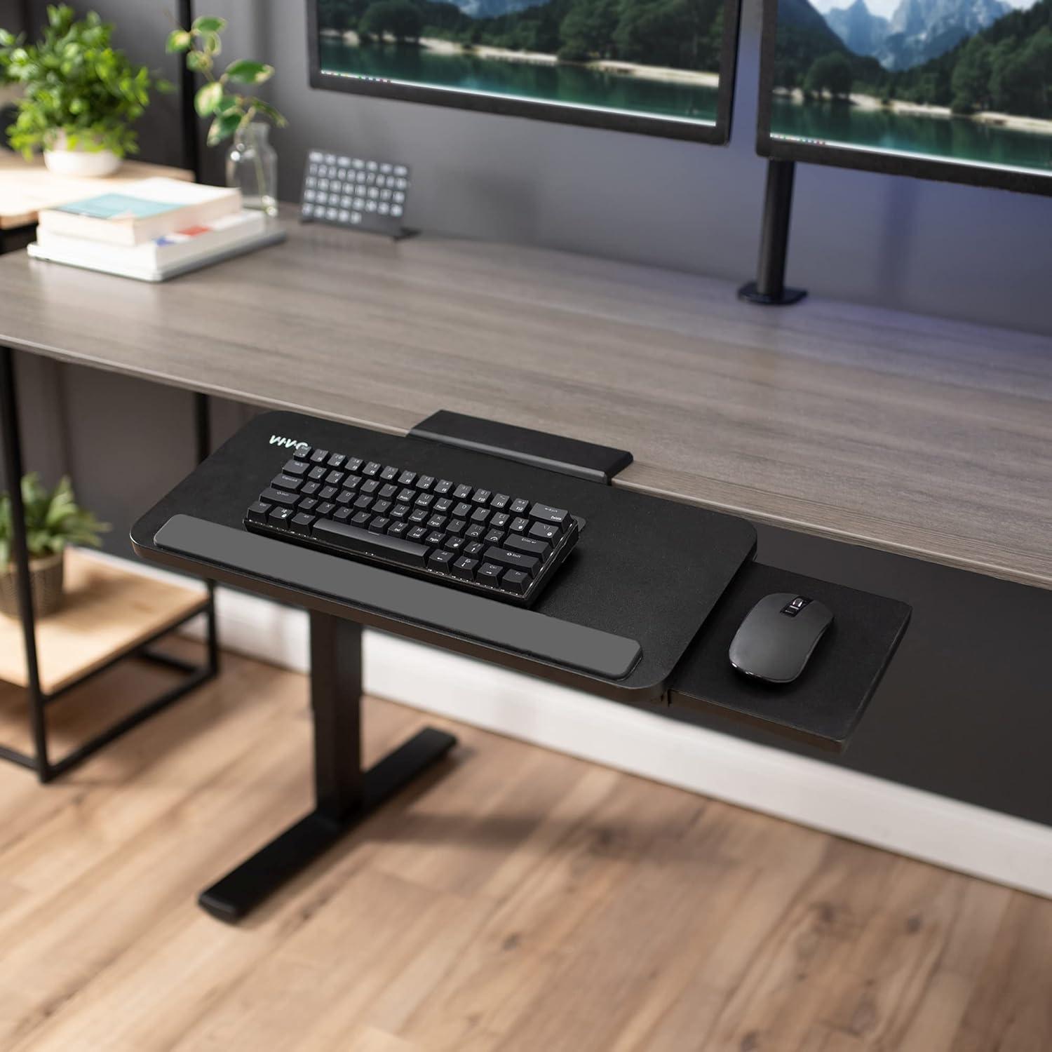 zhou yan jun Extra Large Adjustable Computer Keyboard Tray with Slide-Out Mouse Platform, Ergonomic Under Table Tilting Desk Mount Shelf with Padding, Black, MOUNT-KB07B