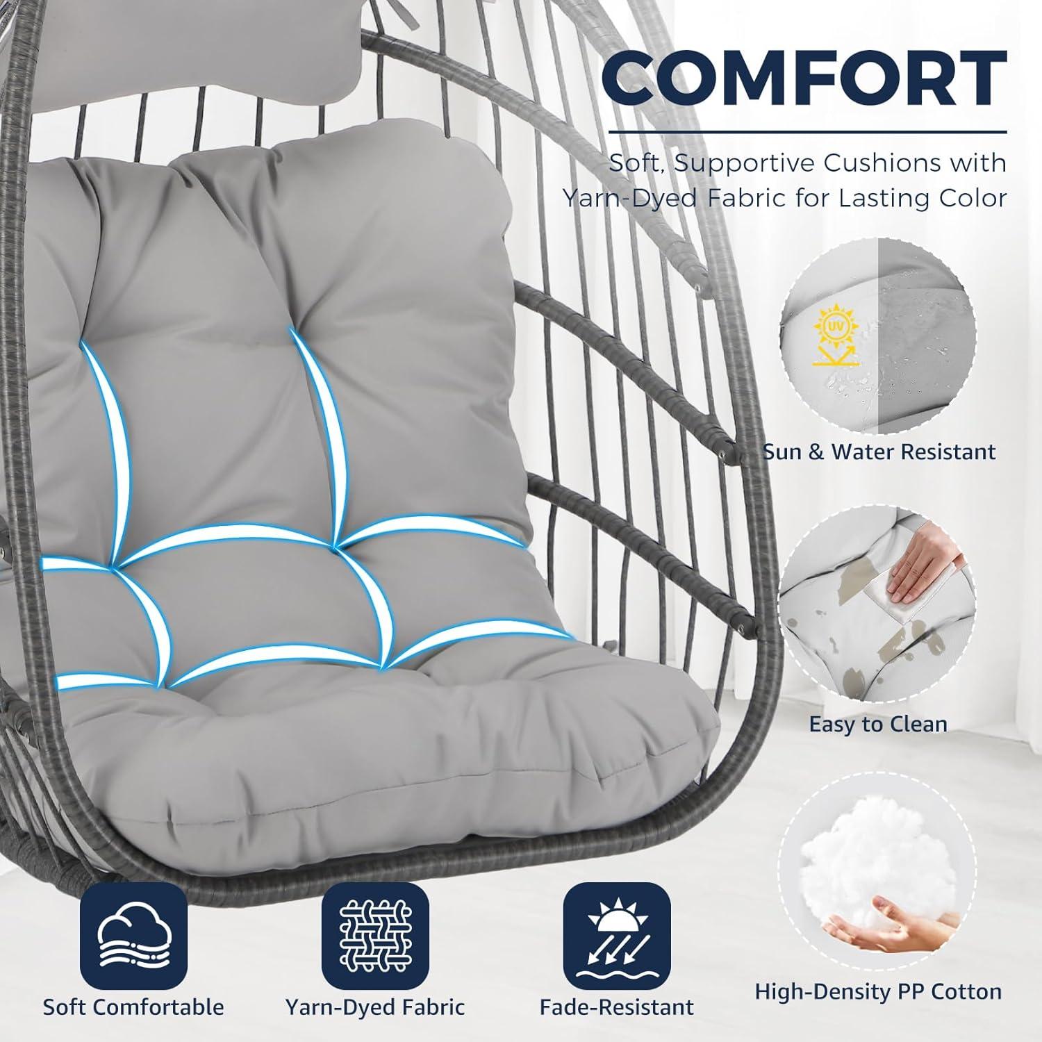 NICESOUL All Weather Swing Egg Chair Indoor Outdoor, Comfy Rattan Patio Basket Hanging Chair with Stand and Cushions, 350lbs Heavy Duty Sturdy Egg Hammock Chairs for Porch Balcony Deck Garden, Gray