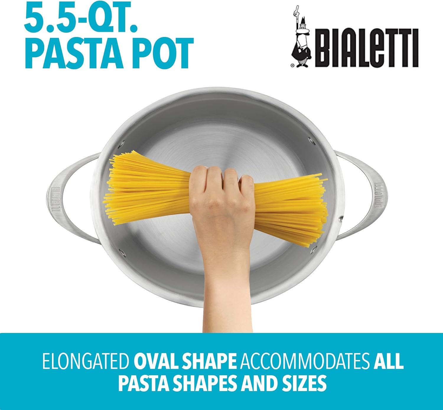 Bialetti 6 Quart Nonstick Oval Pasta Pot with Strainer Lid, Stainless-Steel