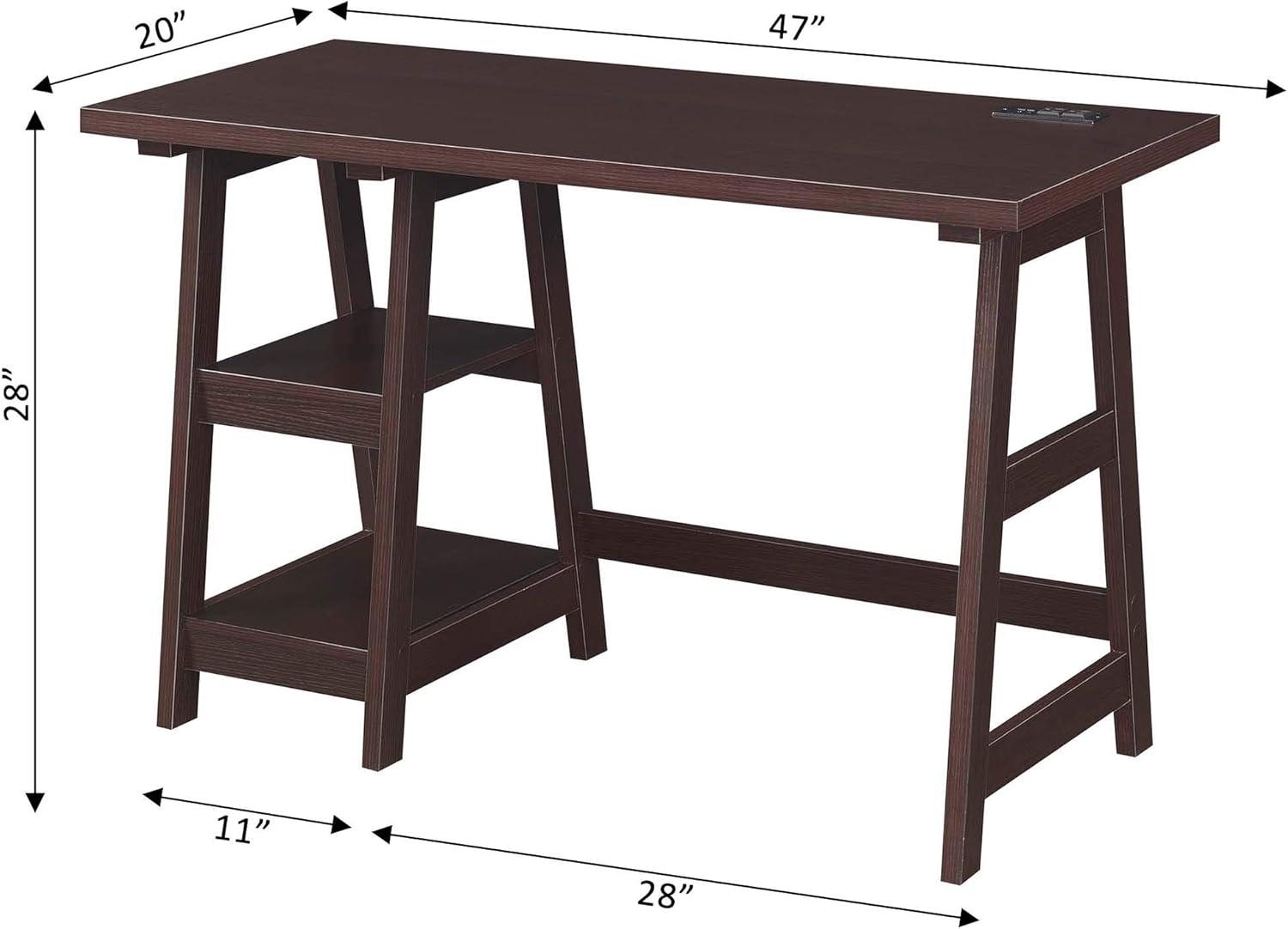Convenience Concepts Designs2Go 29.25" Trestle Desk w Charging Station & Shelves, Espresso, All Ages