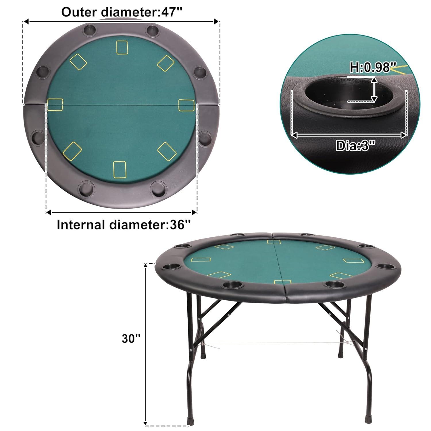 CARSTY 8-Player Round Folding Poker Table with Cup Holders, Casino Grade Green Felt Surface for Texas Hold'em, Blackjack, Board Games