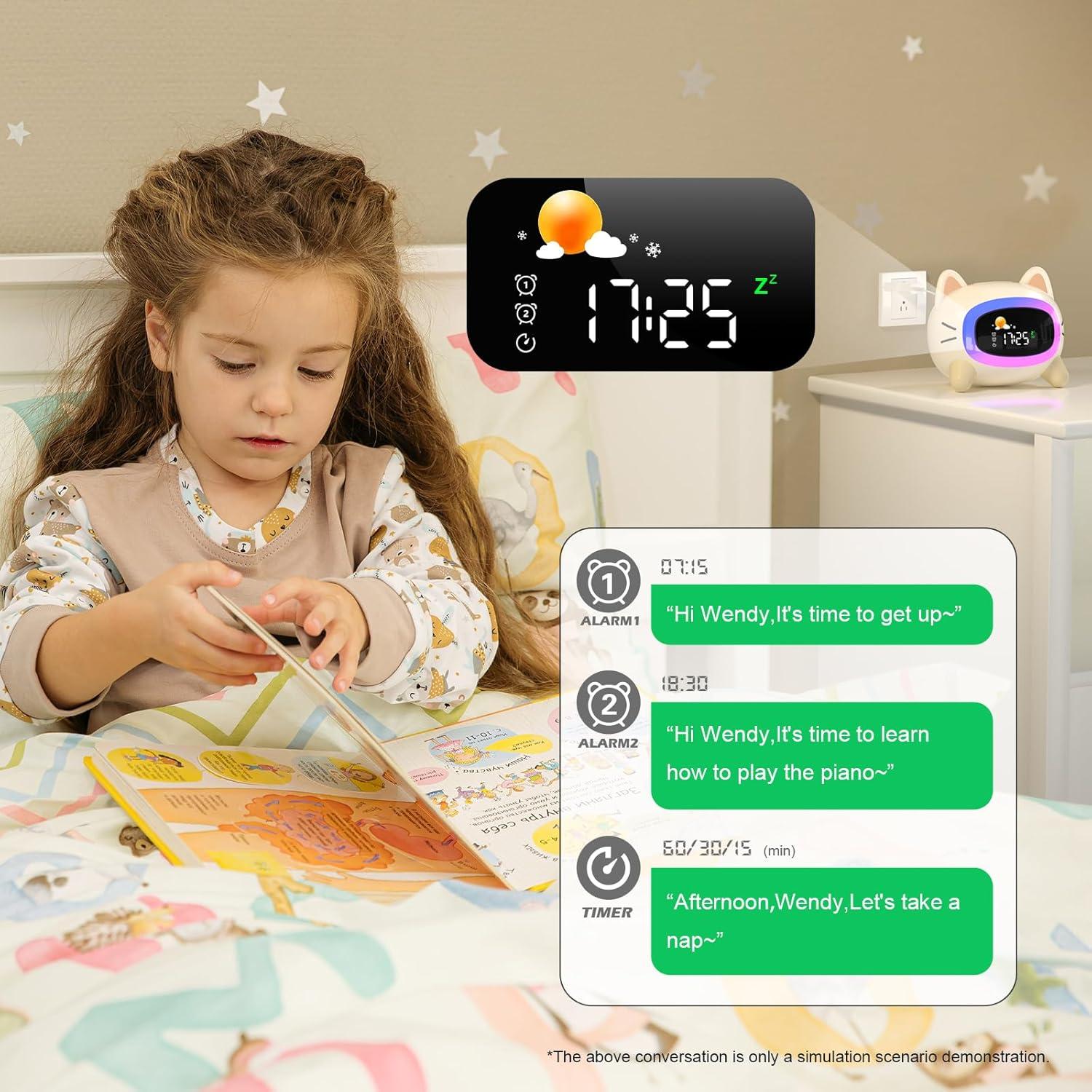 Kids Alarm Clock Ok to Wake Alarm Clock for Kids, Toddlers Night Light Clock for Bedroom, Cat Alarm Clock with Sleep Training and Sound Machine, Birthday Gift for Boy Girls Children