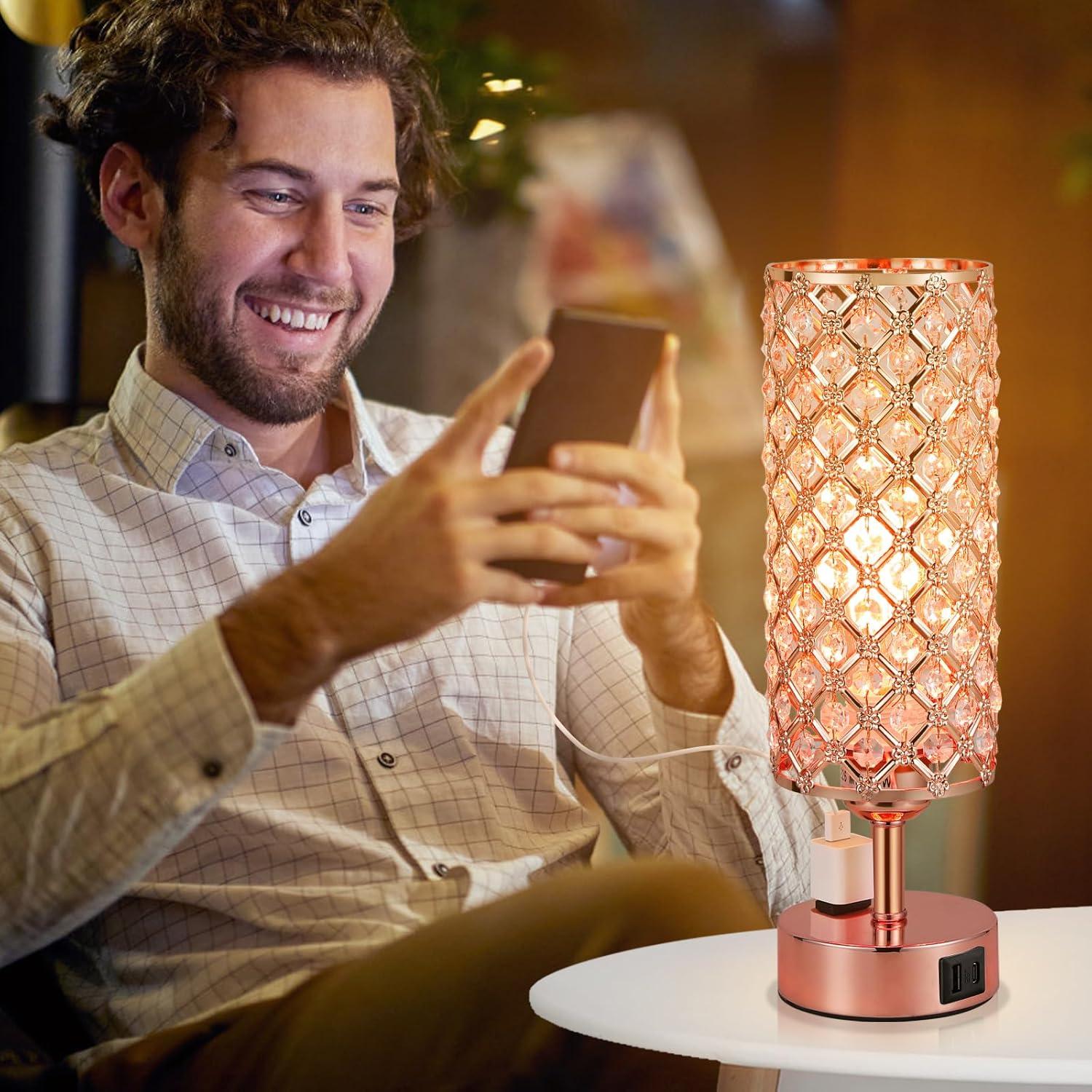 Rose Gold Crystal Touch Table Lamp with USB Ports