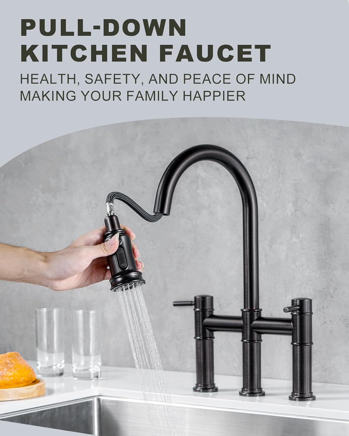 Double Handle Bridge Kitchen Faucet with Pull Down Sprayer in Oil Rubbed Bronze