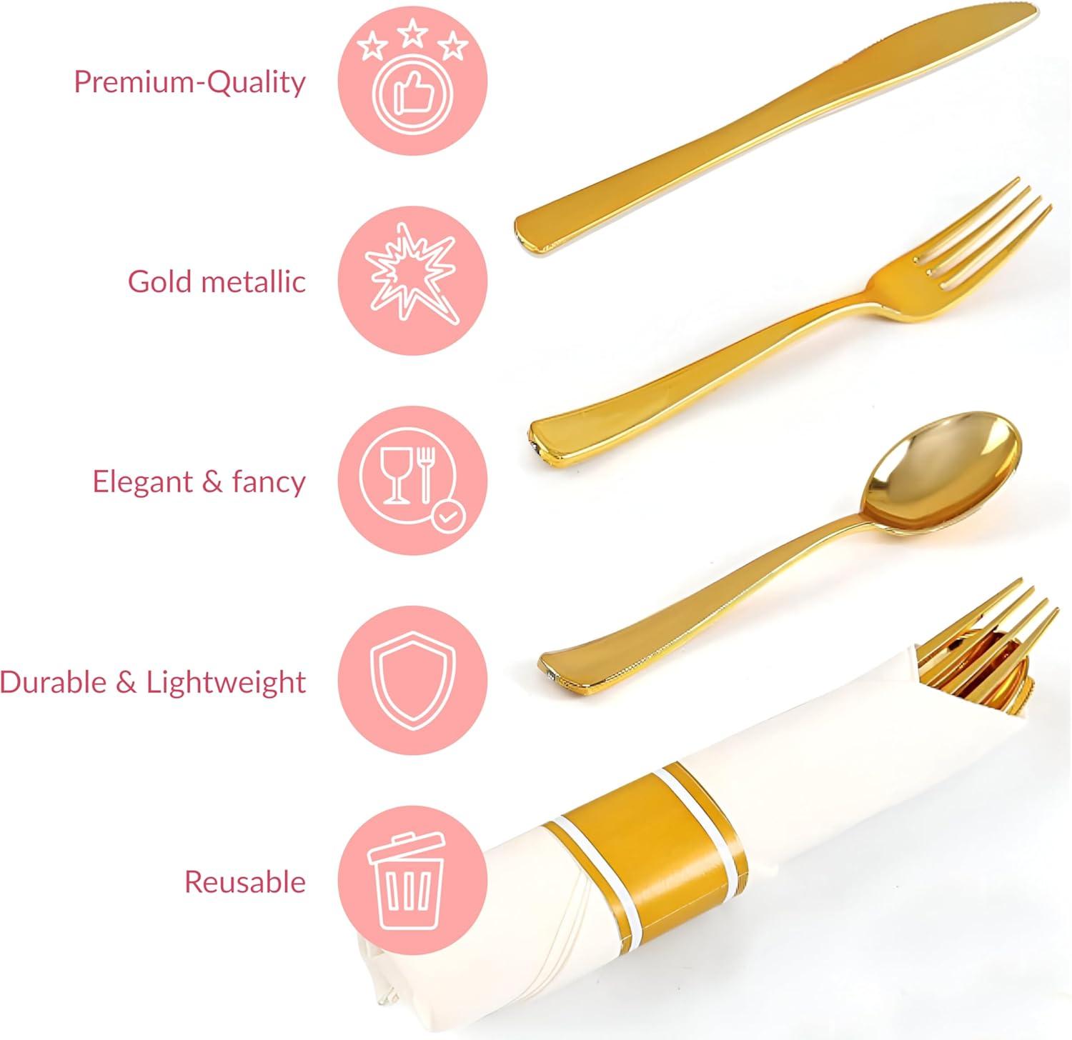 Prestee 50 Pre Rolled Gold Plastic Silverware - 200pc Set - Wrapped Disposable Silverware Set with Forks, Knives, Spoons, White Napkins - for Dinner, Party, Wedding